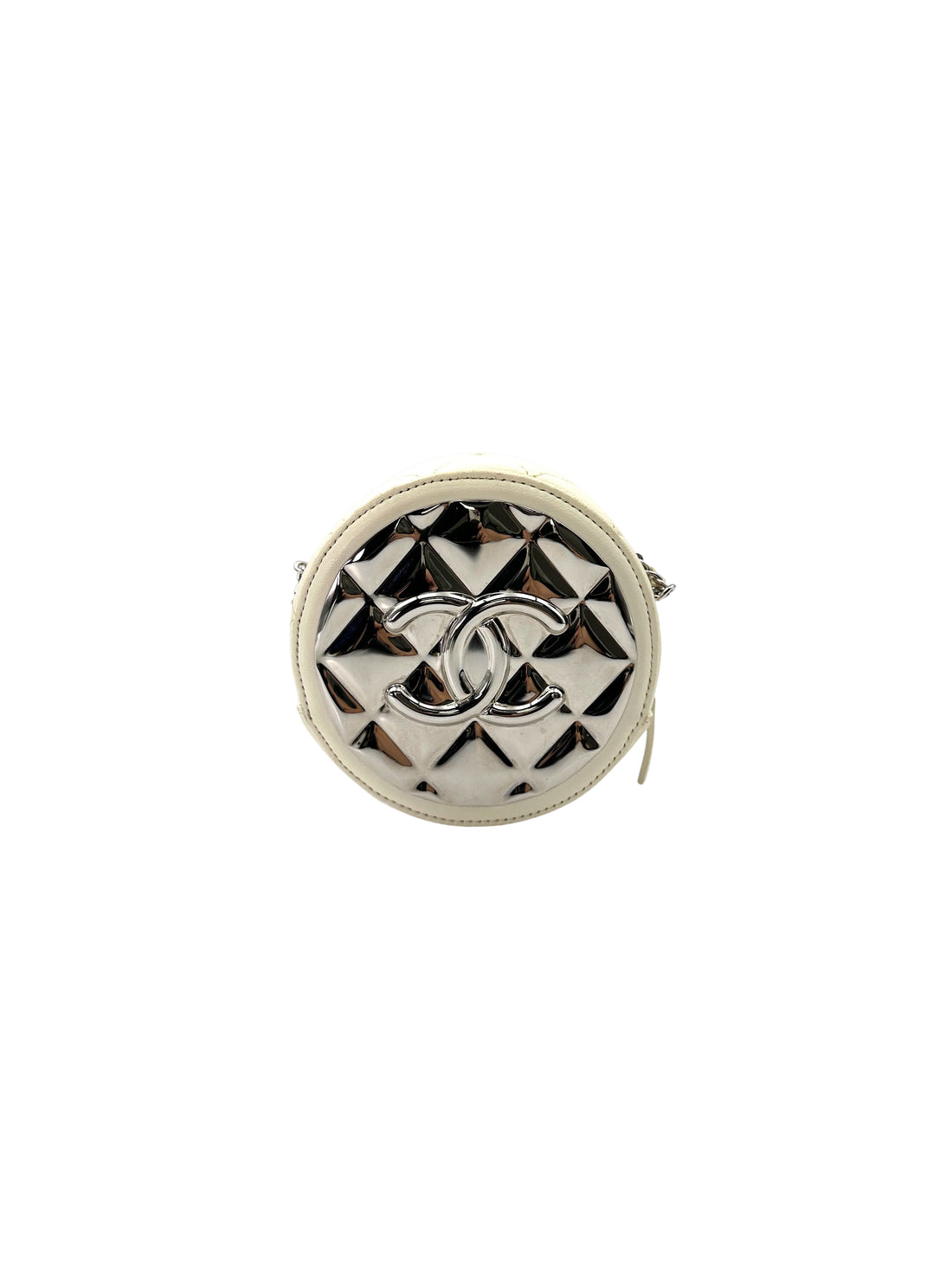 Chanel White Leather & Silver Metal Quilted Round Clutch With Chain(31***46) CC1853