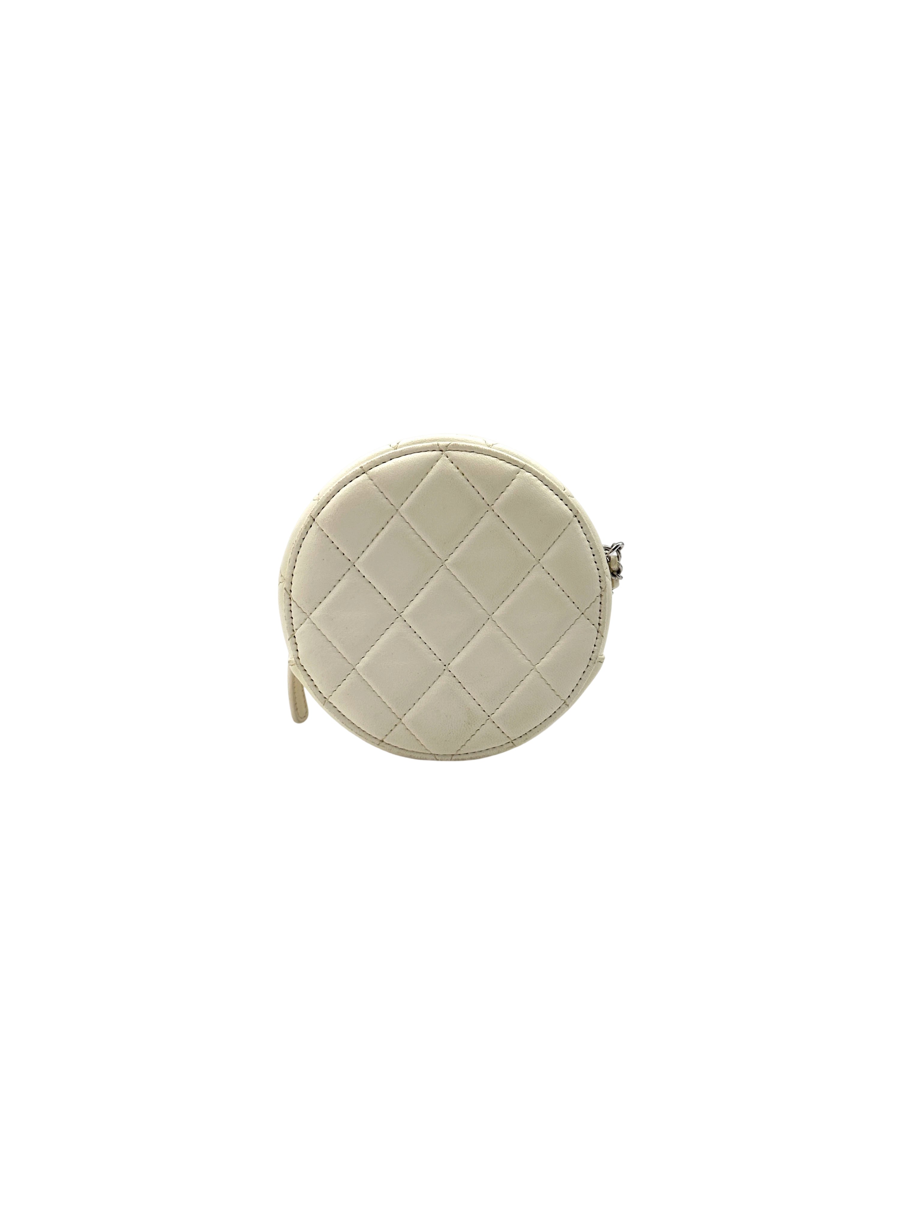 Chanel White Leather & Silver Metal Quilted Round Clutch With Chain(31***46) CC1853