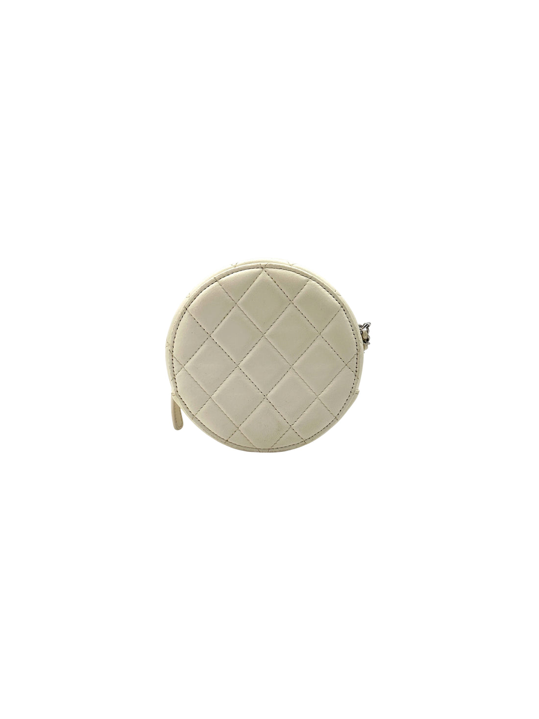 Chanel White Leather & Silver Metal Quilted Round Clutch With Chain(31***46) CC1853