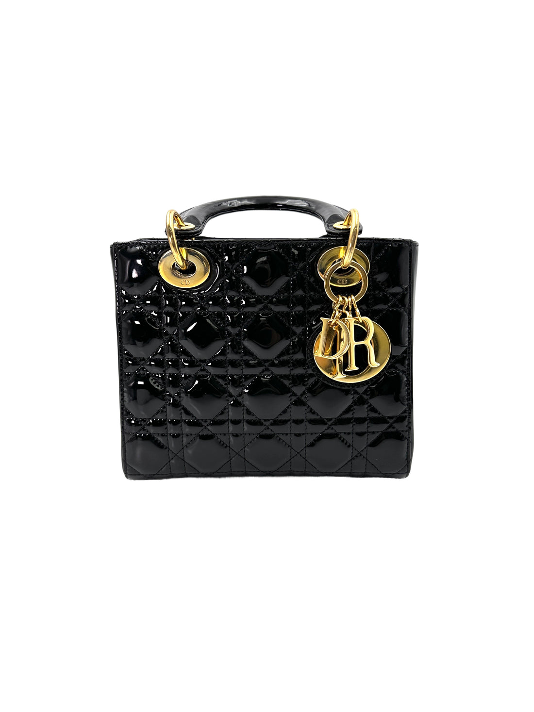 Christian Dior Lady Dior Black Cannage Patent Leather Handle Bag With Gold Charms DR705