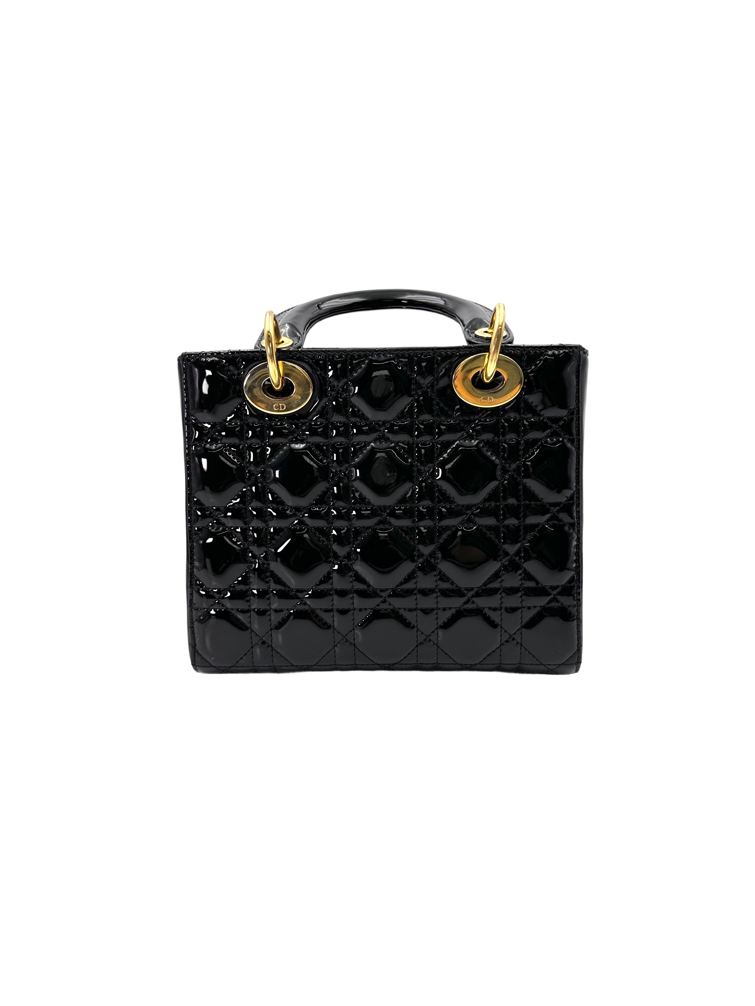 Christian Dior Lady Dior Black Cannage Patent Leather Handle Bag With Gold Charms DR705