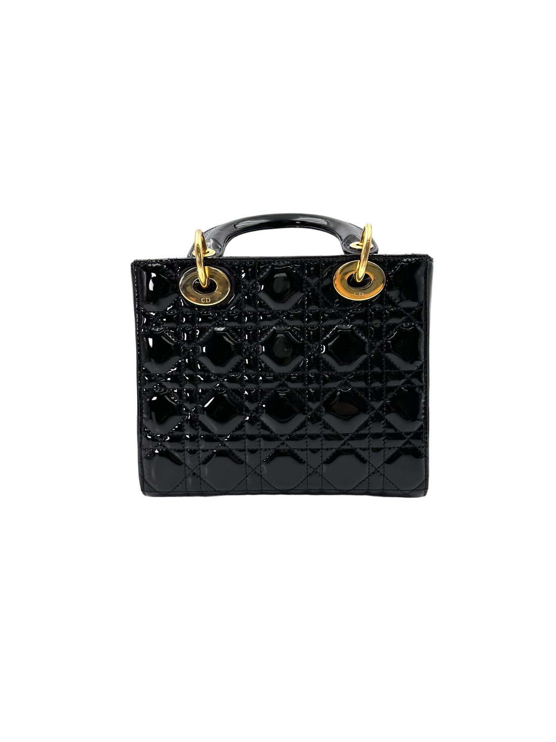 Christian Dior Lady Dior Black Cannage Patent Leather Handle Bag With Gold Charms DR705