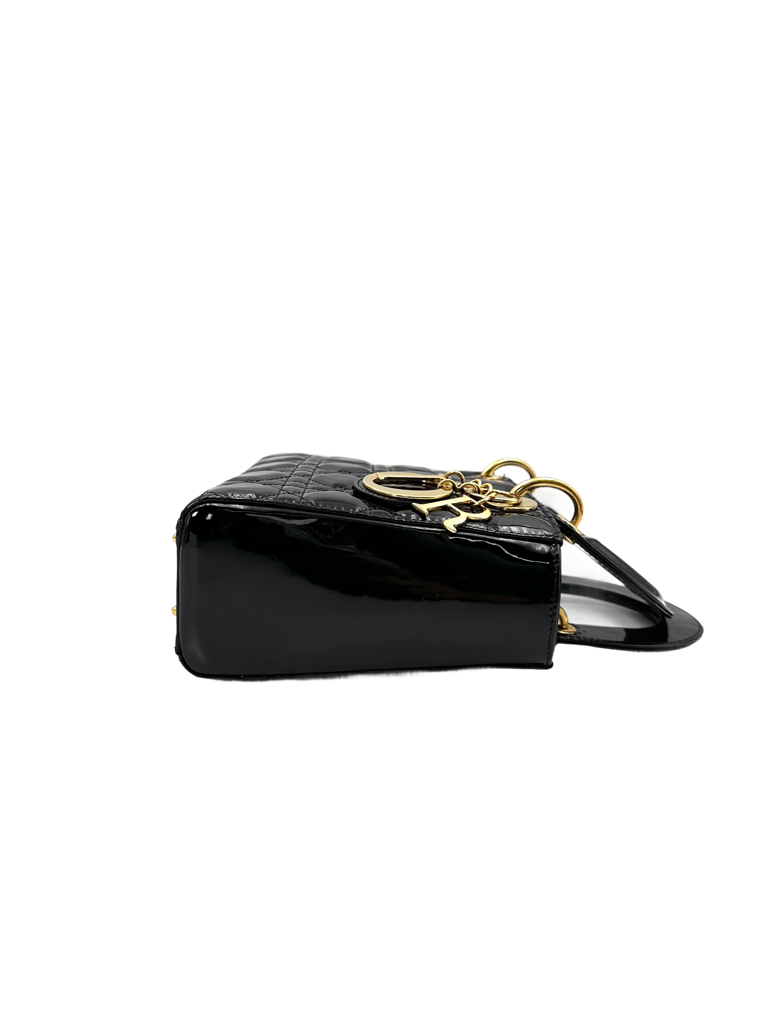 Christian Dior Lady Dior Black Cannage Patent Leather Handle Bag With Gold Charms DR705