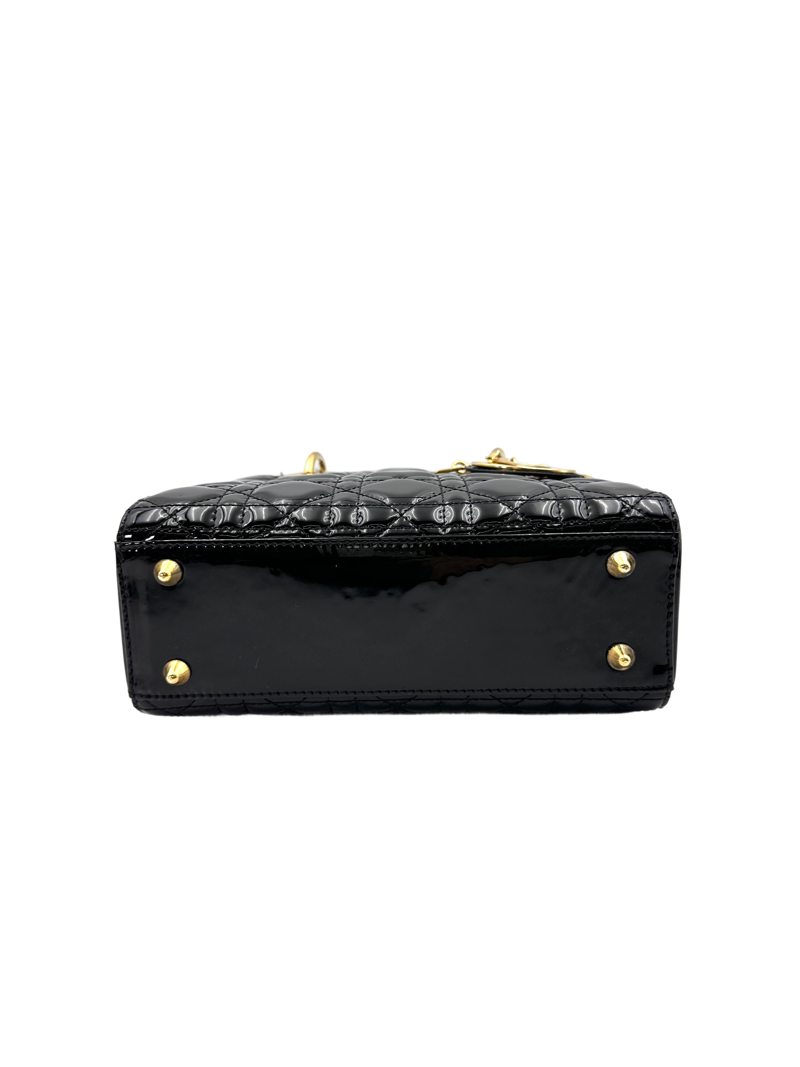 Christian Dior Lady Dior Black Cannage Patent Leather Handle Bag With Gold Charms DR705
