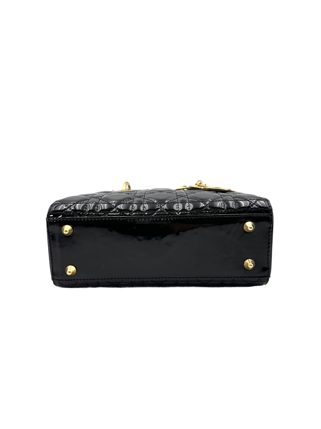 Christian Dior Lady Dior Black Cannage Patent Leather Handle Bag With Gold Charms DR705