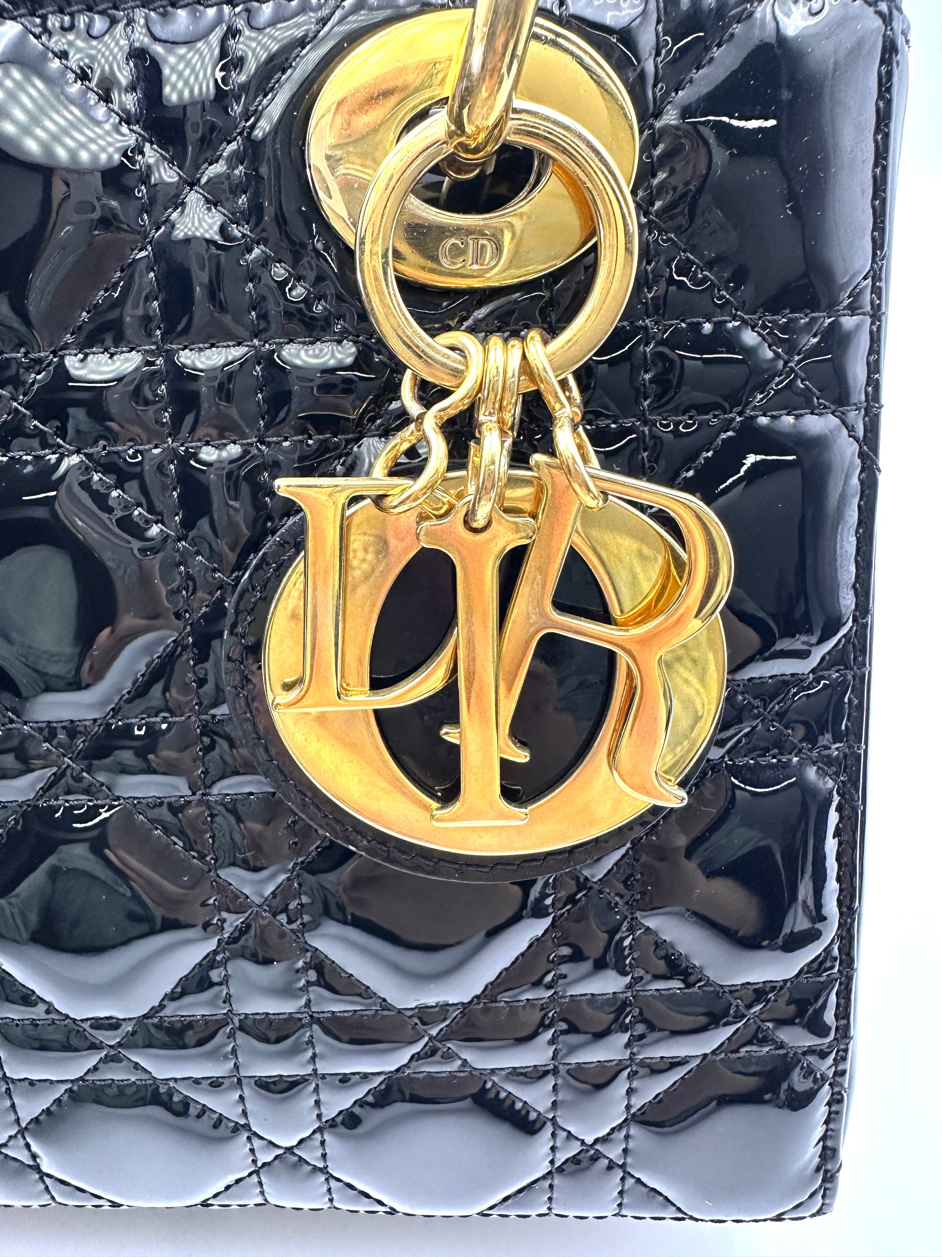 Christian Dior Lady Dior Black Cannage Patent Leather Handle Bag With Gold Charms DR705