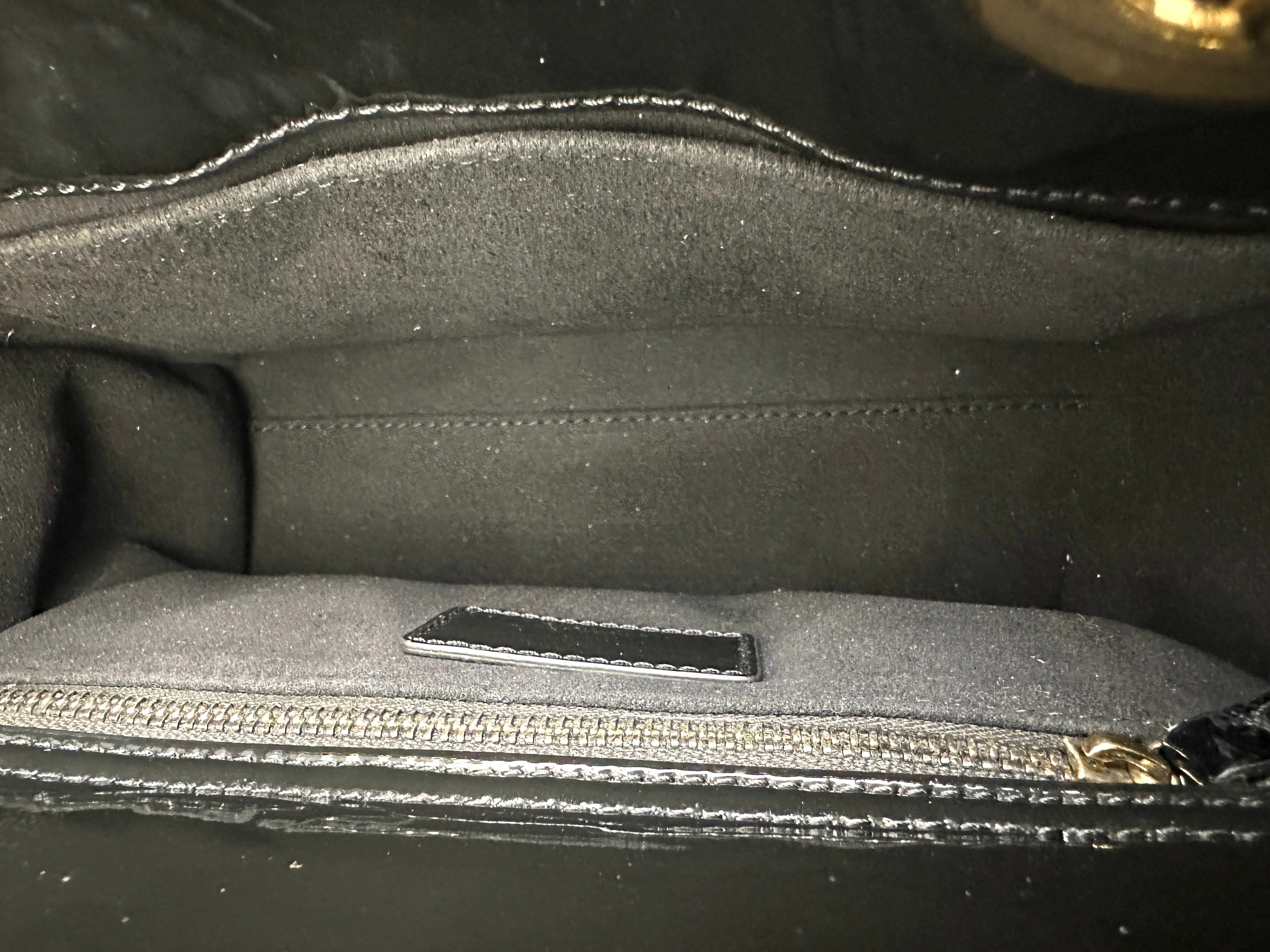 Christian Dior Lady Dior Black Cannage Patent Leather Handle Bag With Gold Charms DR705