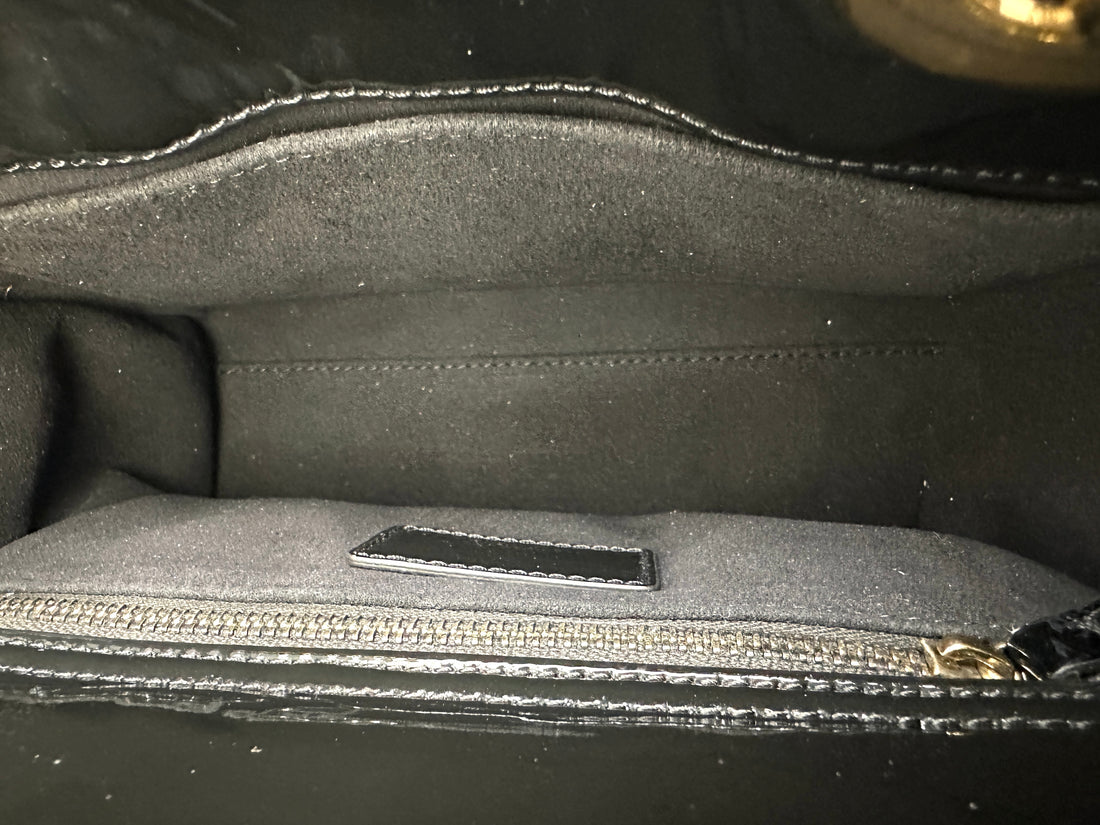 Christian Dior Lady Dior Black Cannage Patent Leather Handle Bag With Gold Charms DR705