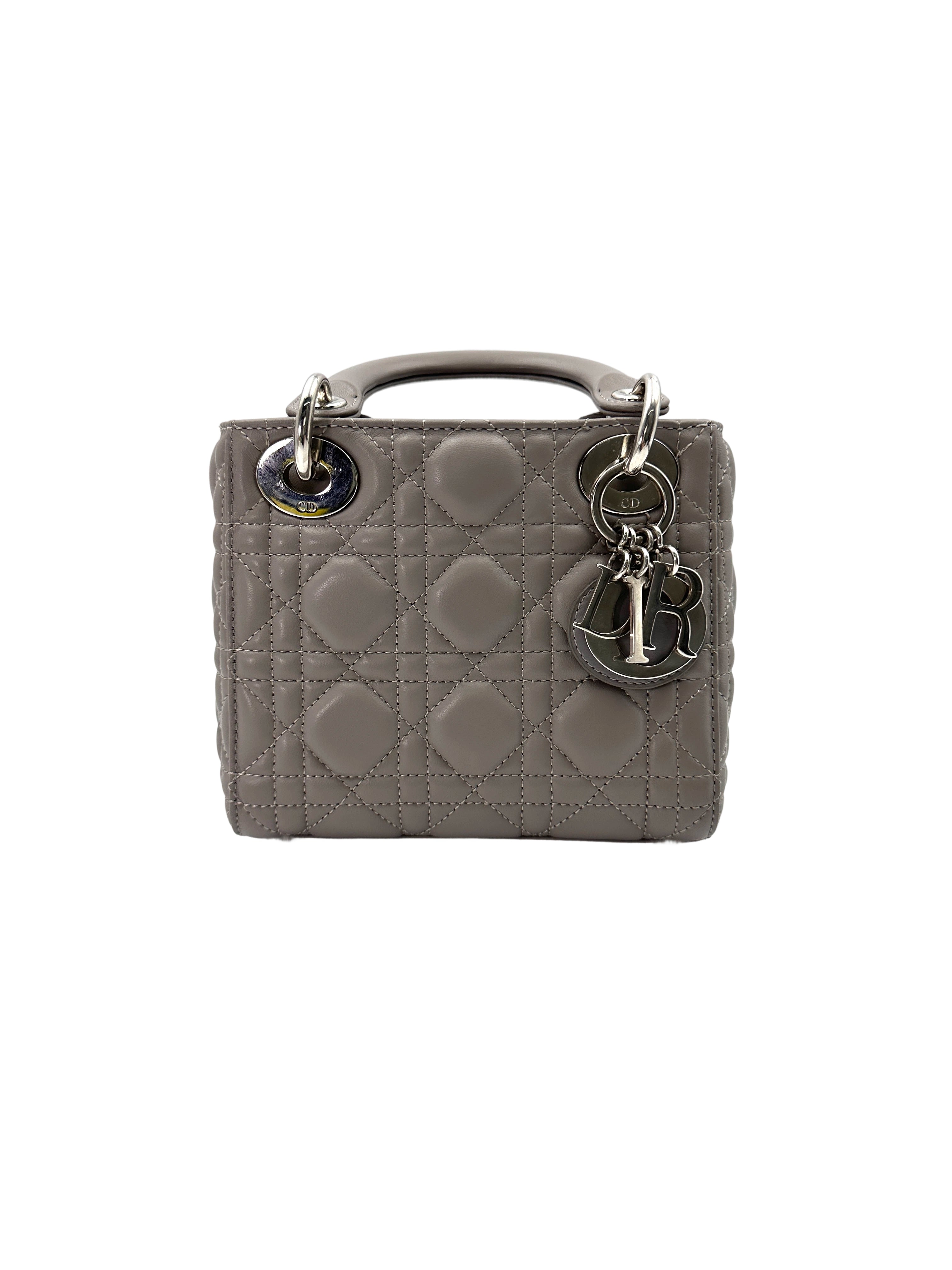 Christian Dior Lady Dior Grey Cannage Leather Handle Bag With Silver Charms DR704