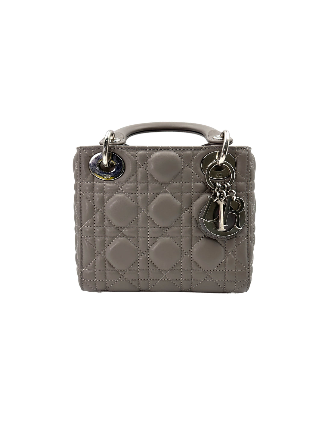 Christian Dior Lady Dior Grey Cannage Leather Handle Bag With Silver Charms DR704