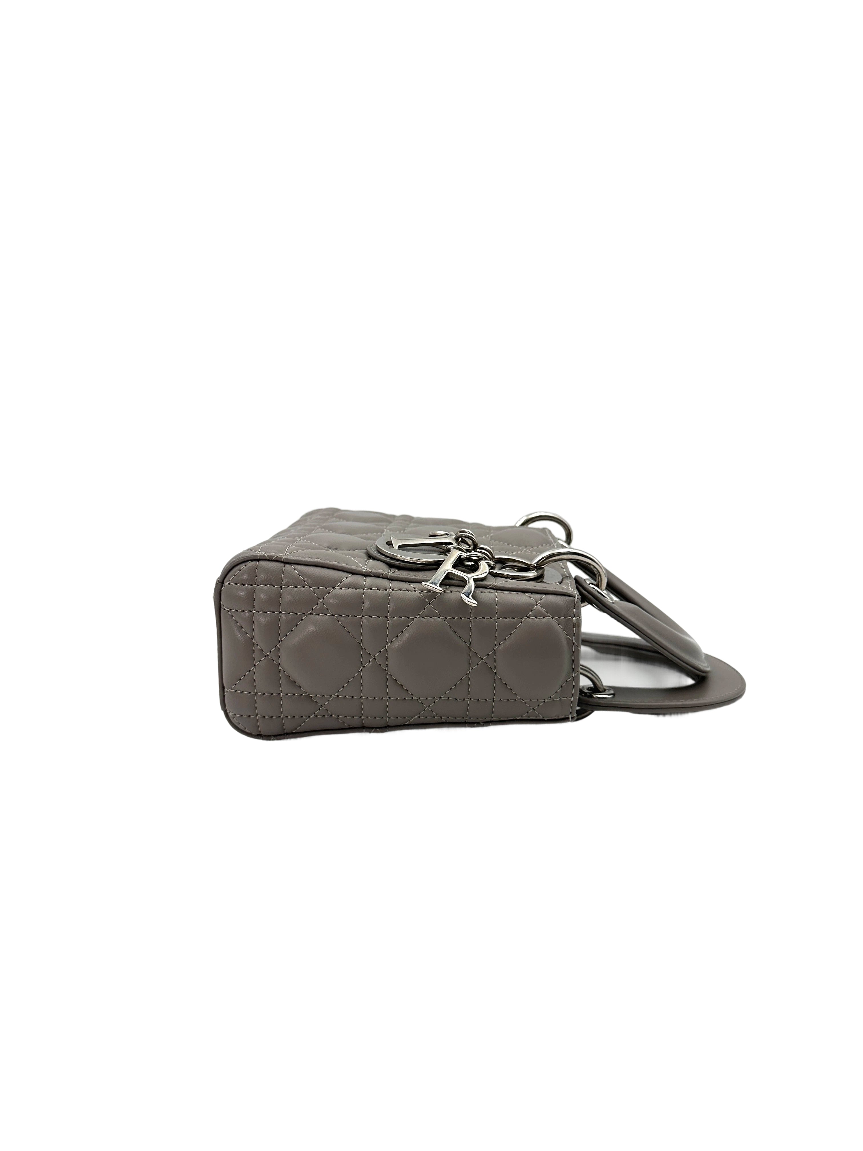 Christian Dior Lady Dior Grey Cannage Leather Handle Bag With Silver Charms DR704