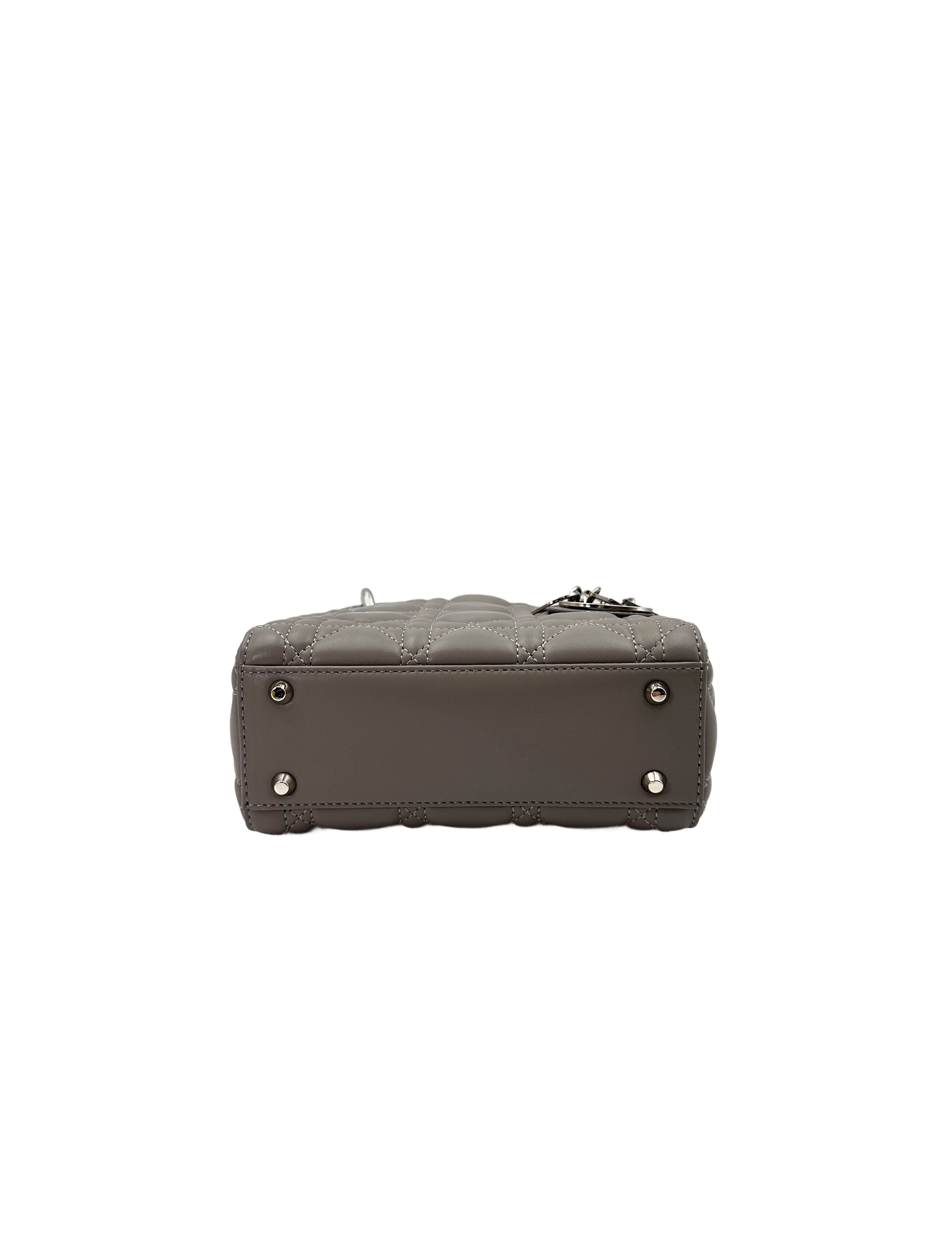Christian Dior Lady Dior Grey Cannage Leather Handle Bag With Silver Charms DR704