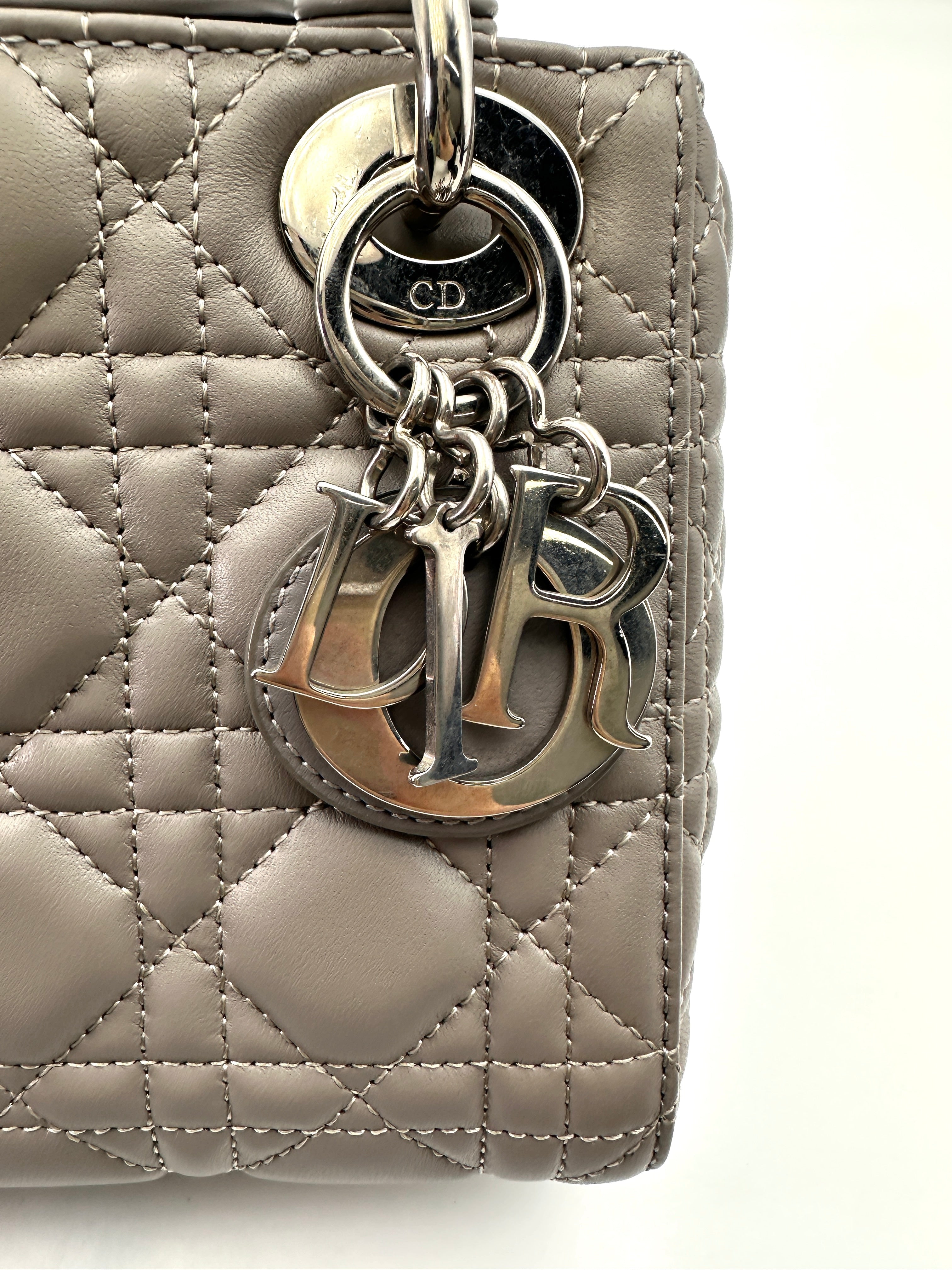 Christian Dior Lady Dior Grey Cannage Leather Handle Bag With Silver Charms DR704