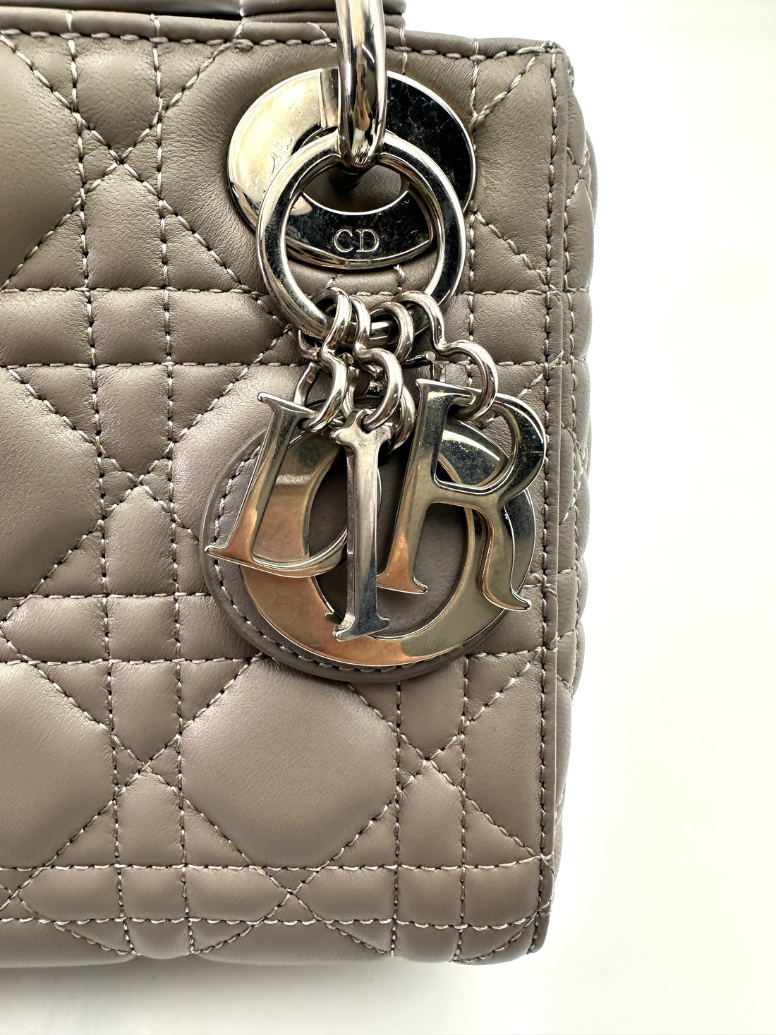 Christian Dior Lady Dior Grey Cannage Leather Handle Bag With Silver Charms DR704