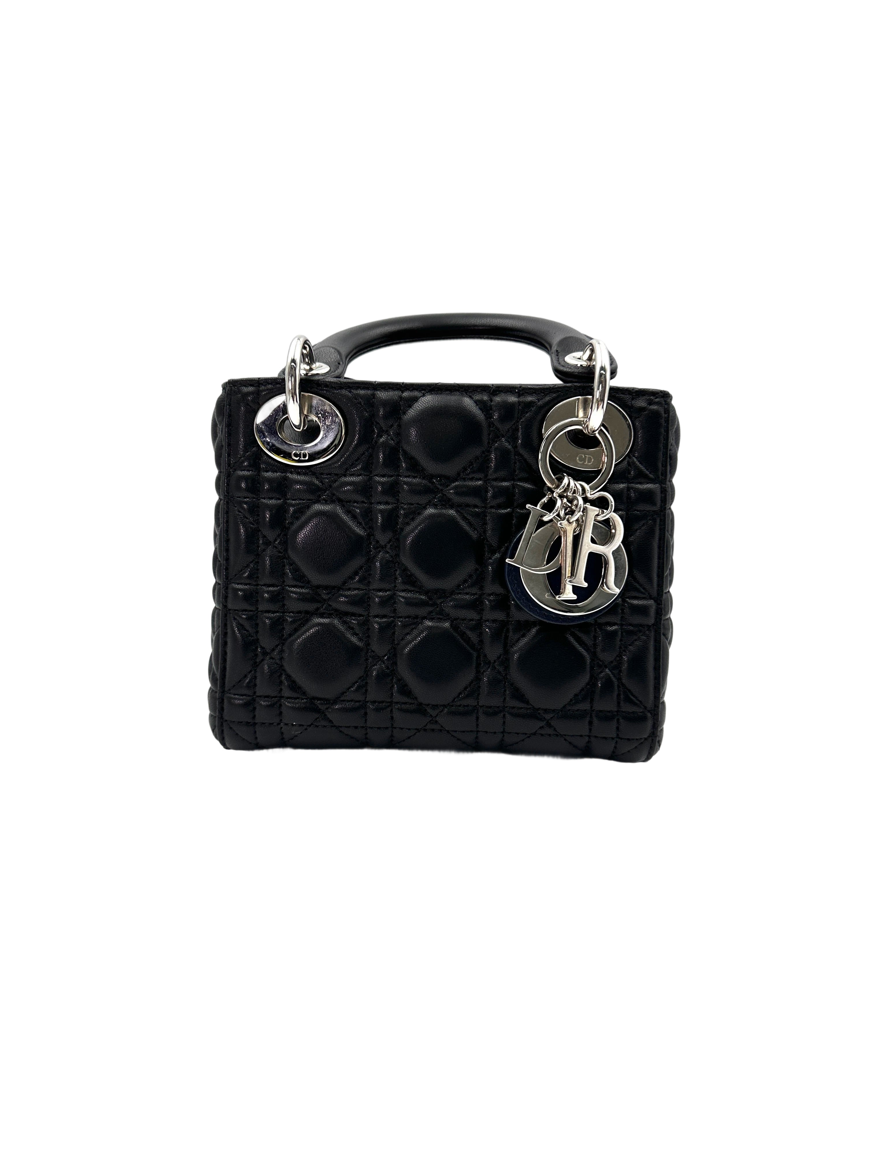 Christian Dior Lady Dior Black Cannage Leather Handle Bag With Silver Charms DR703