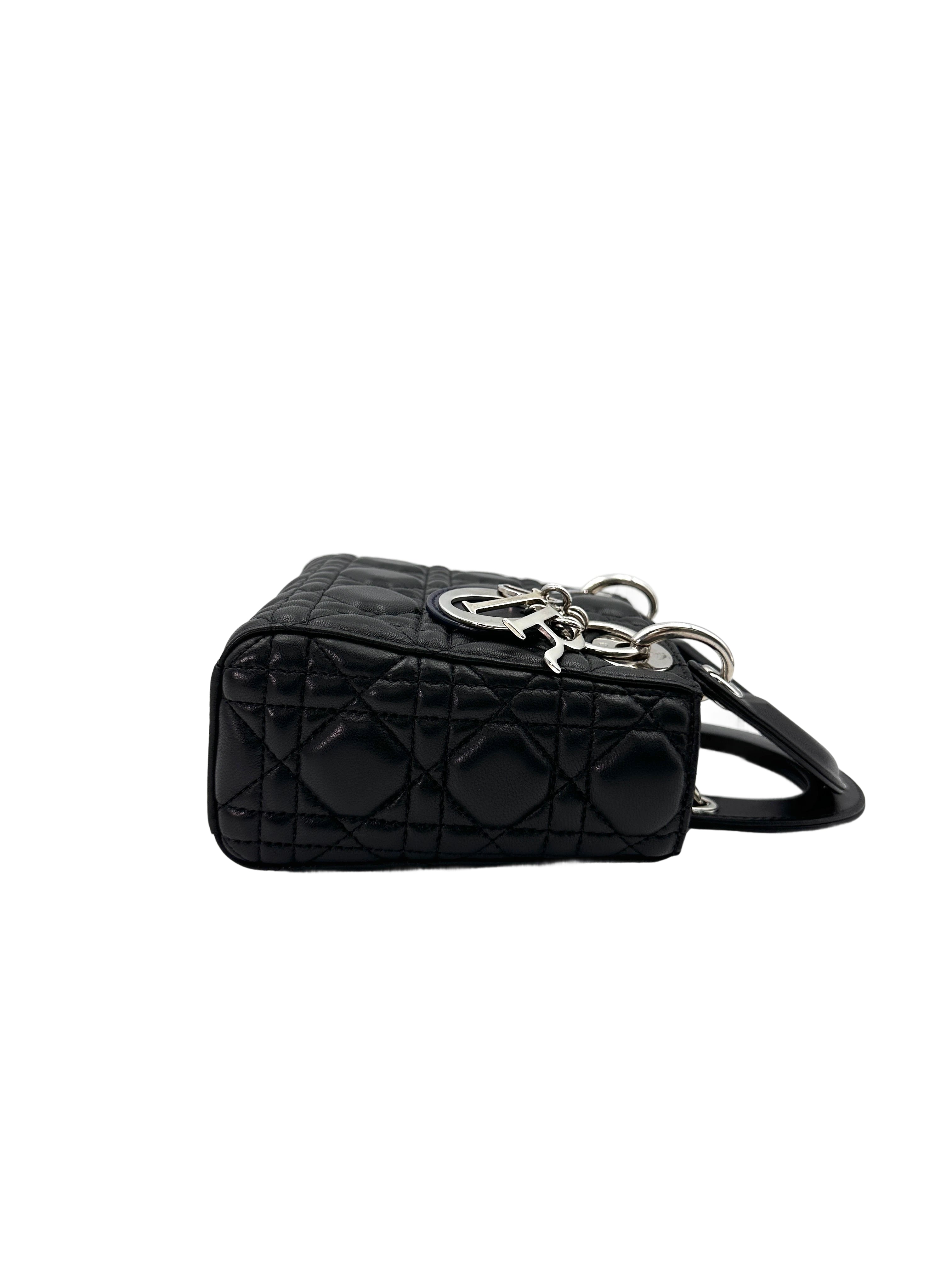 Christian Dior Lady Dior Black Cannage Leather Handle Bag With Silver Charms DR703