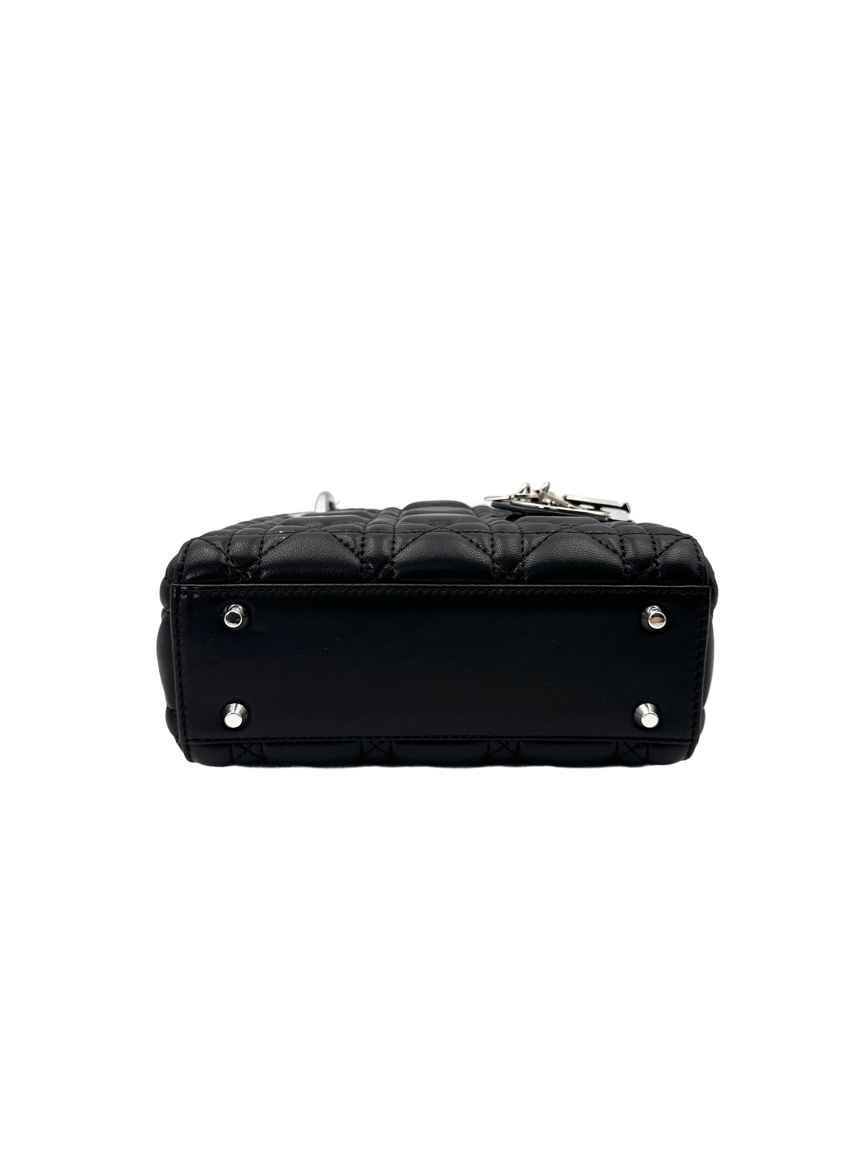 Christian Dior Lady Dior Black Cannage Leather Handle Bag With Silver Charms DR703