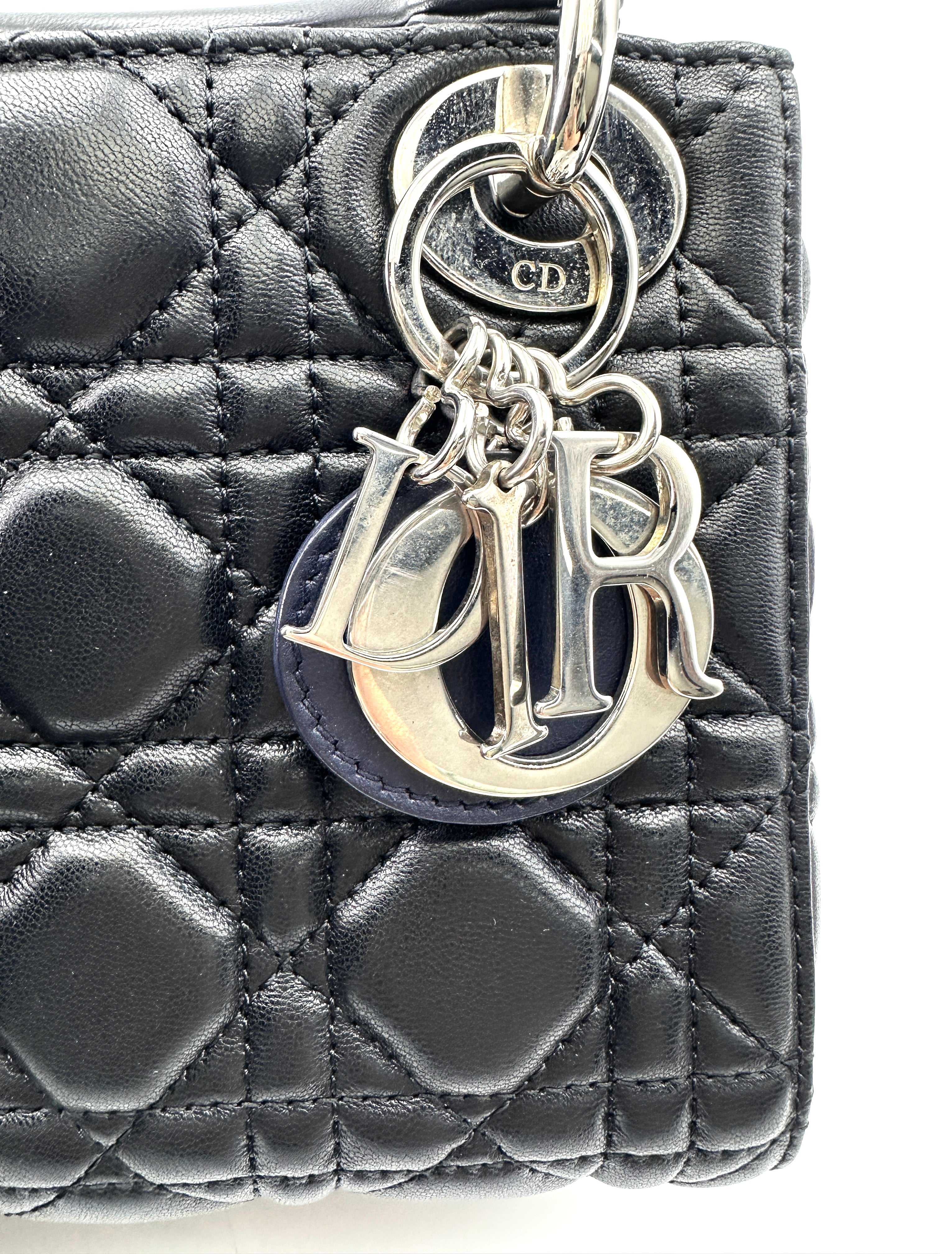 Christian Dior Lady Dior Black Cannage Leather Handle Bag With Silver Charms DR703