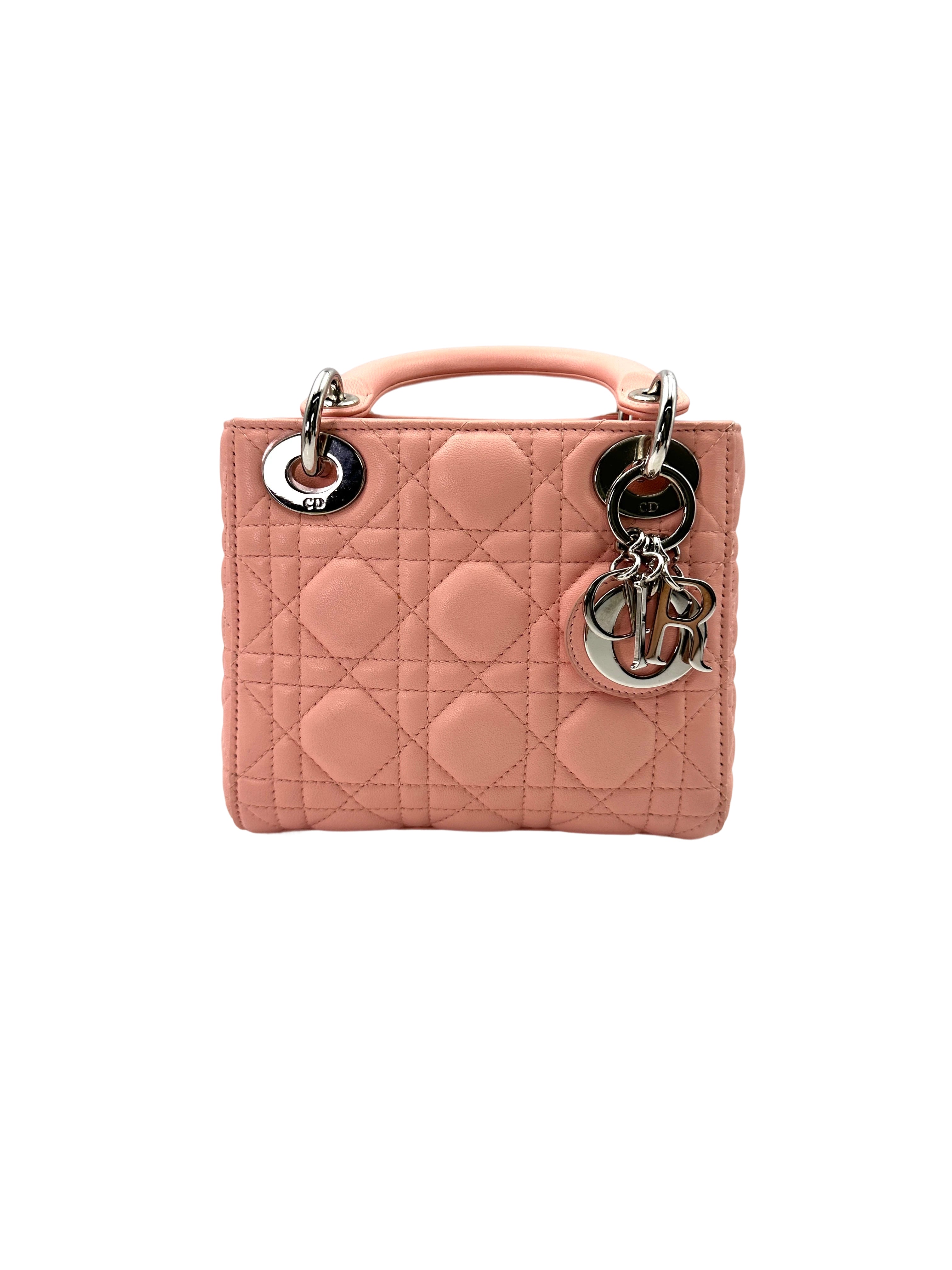Christian Dior Lady Dior Pink Cannage Lambskin Handle Bag With Silver Charms DR706