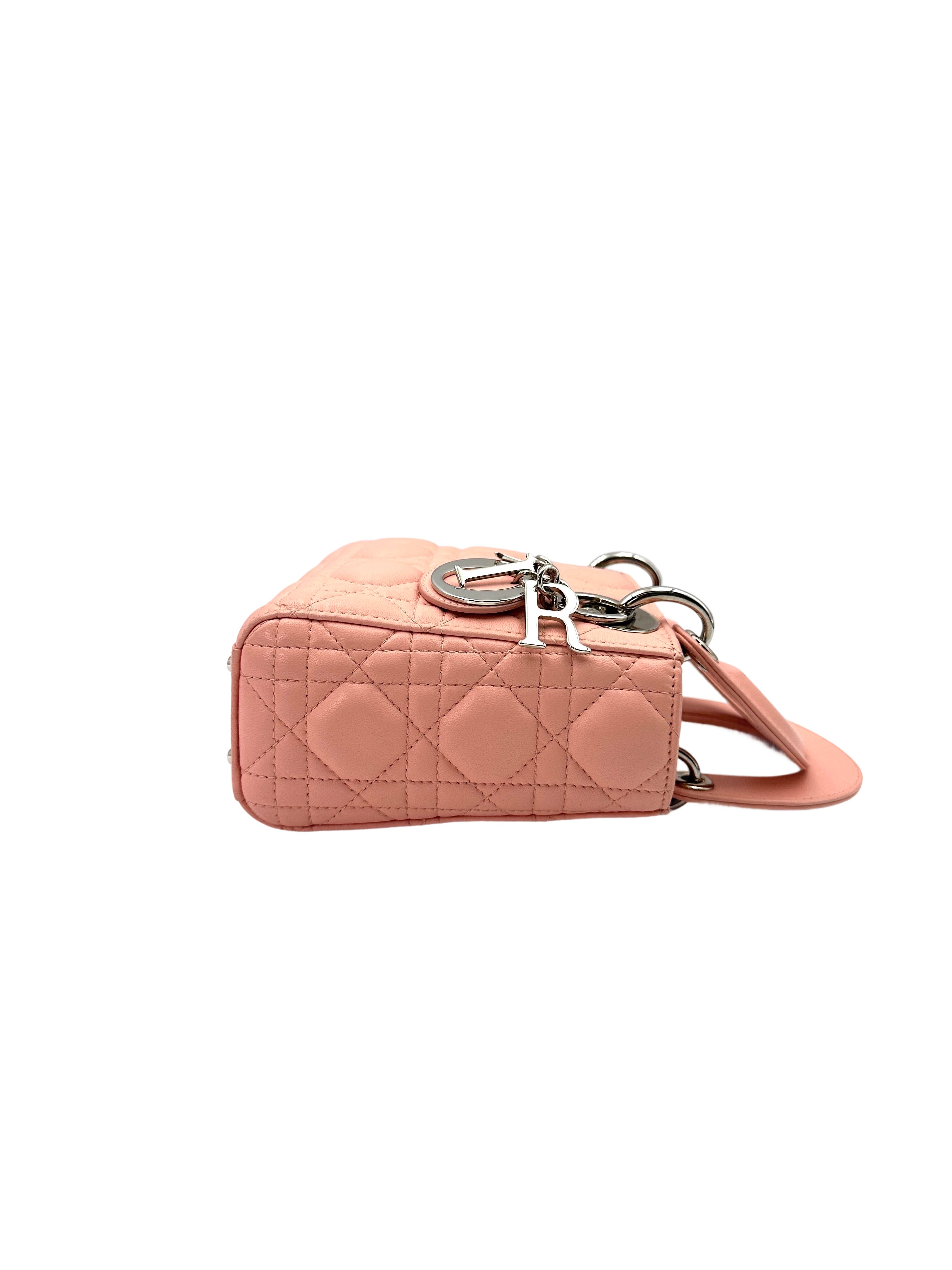Christian Dior Lady Dior Pink Cannage Lambskin Handle Bag With Silver Charms DR706