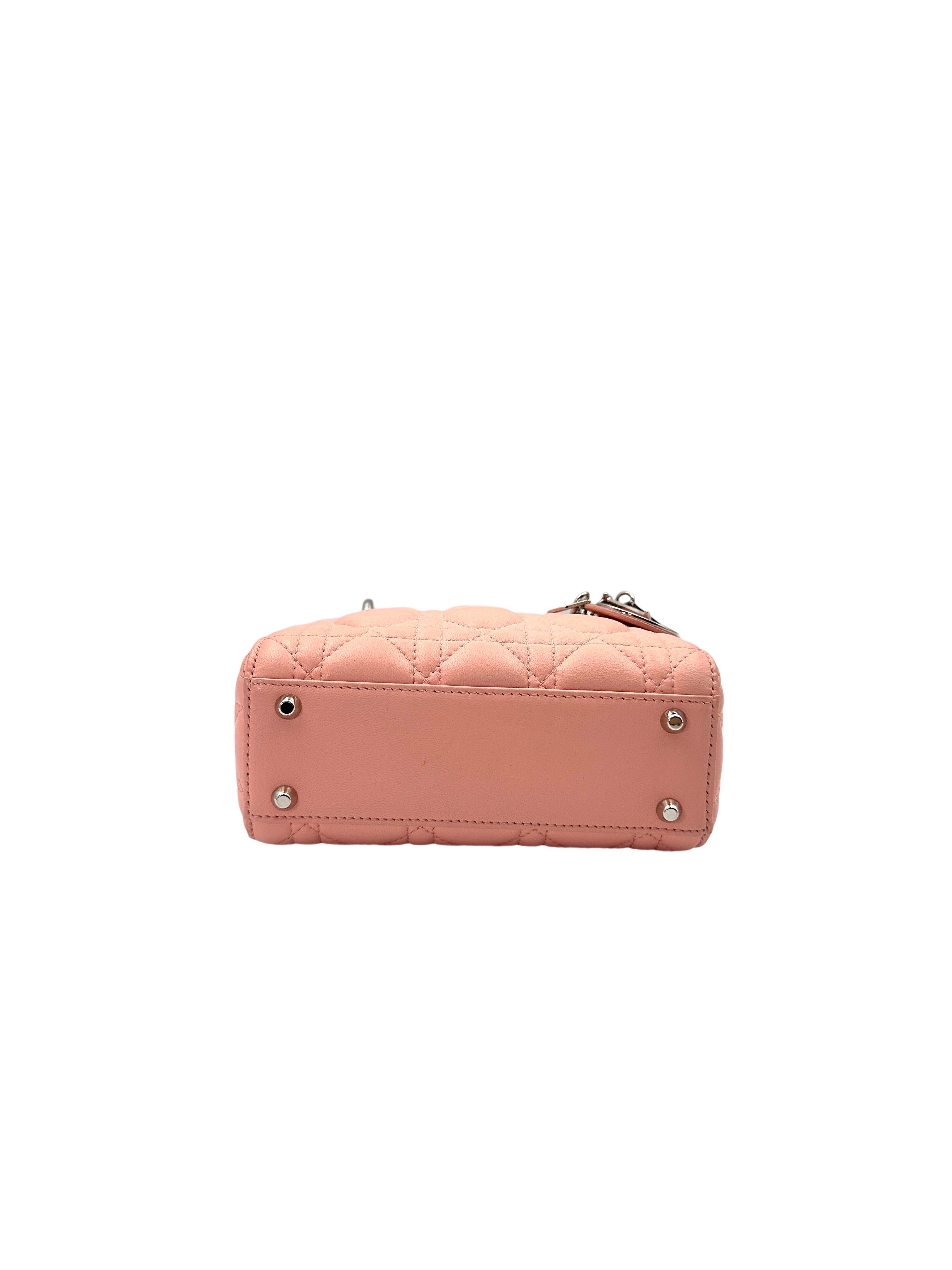 Christian Dior Lady Dior Pink Cannage Lambskin Handle Bag With Silver Charms DR706