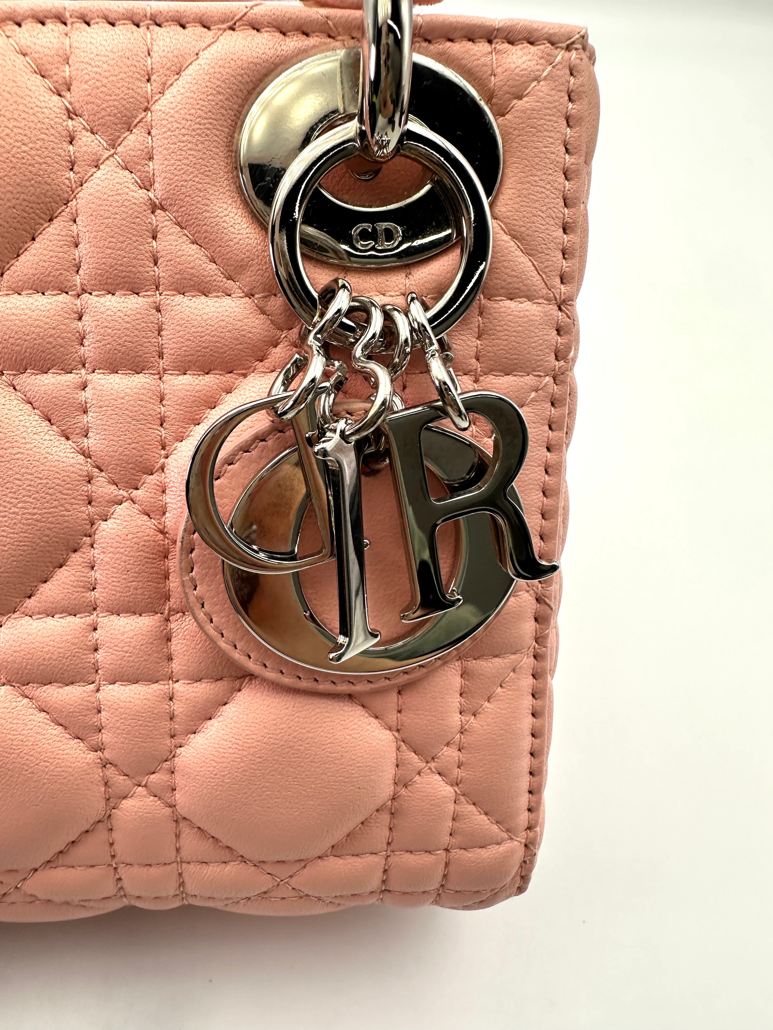 Christian Dior Lady Dior Pink Cannage Lambskin Handle Bag With Silver Charms DR706