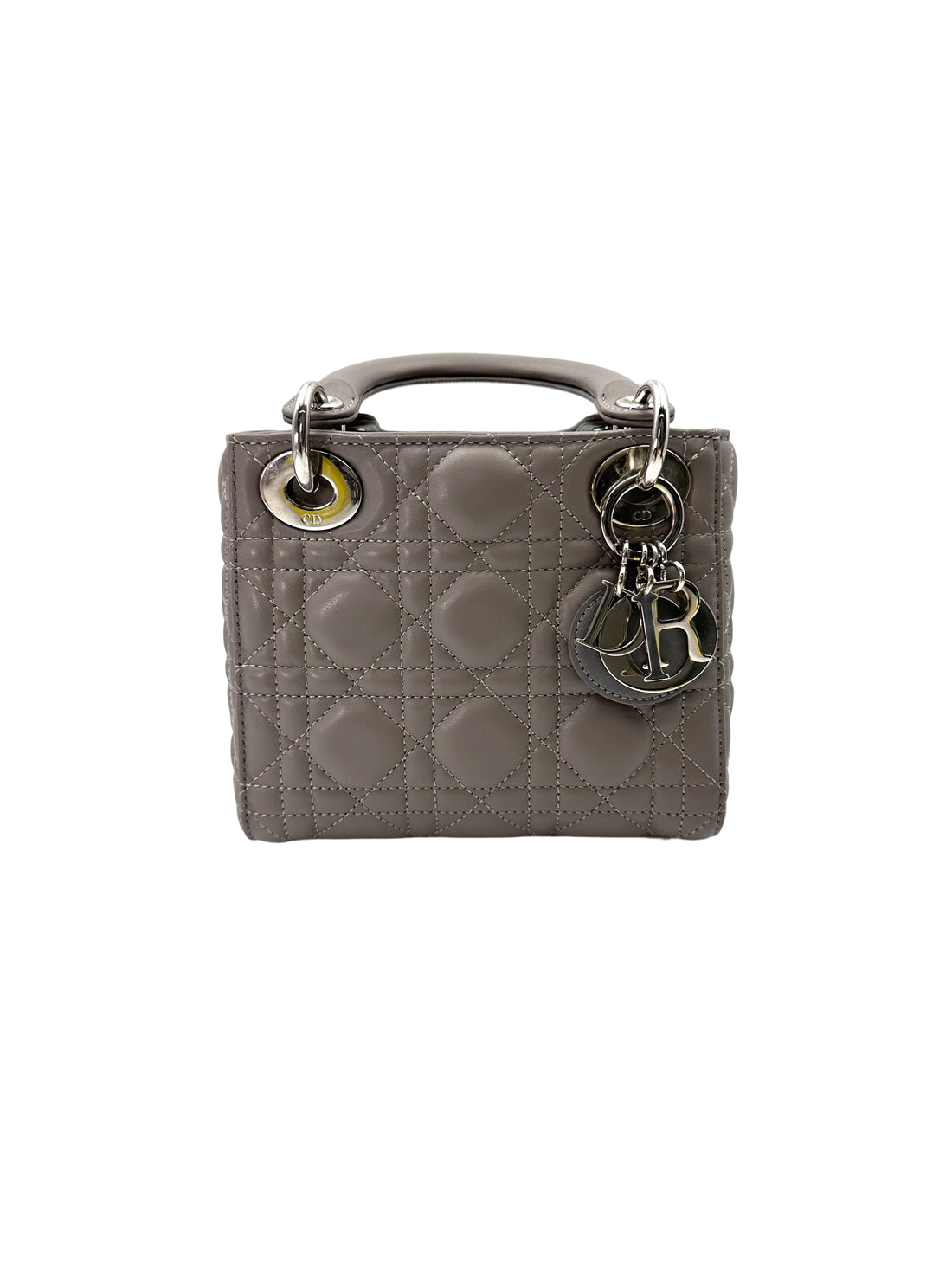 Christian Dior Lady Dior Grey Cannage Leather Handle Bag With Silver Charms DR702