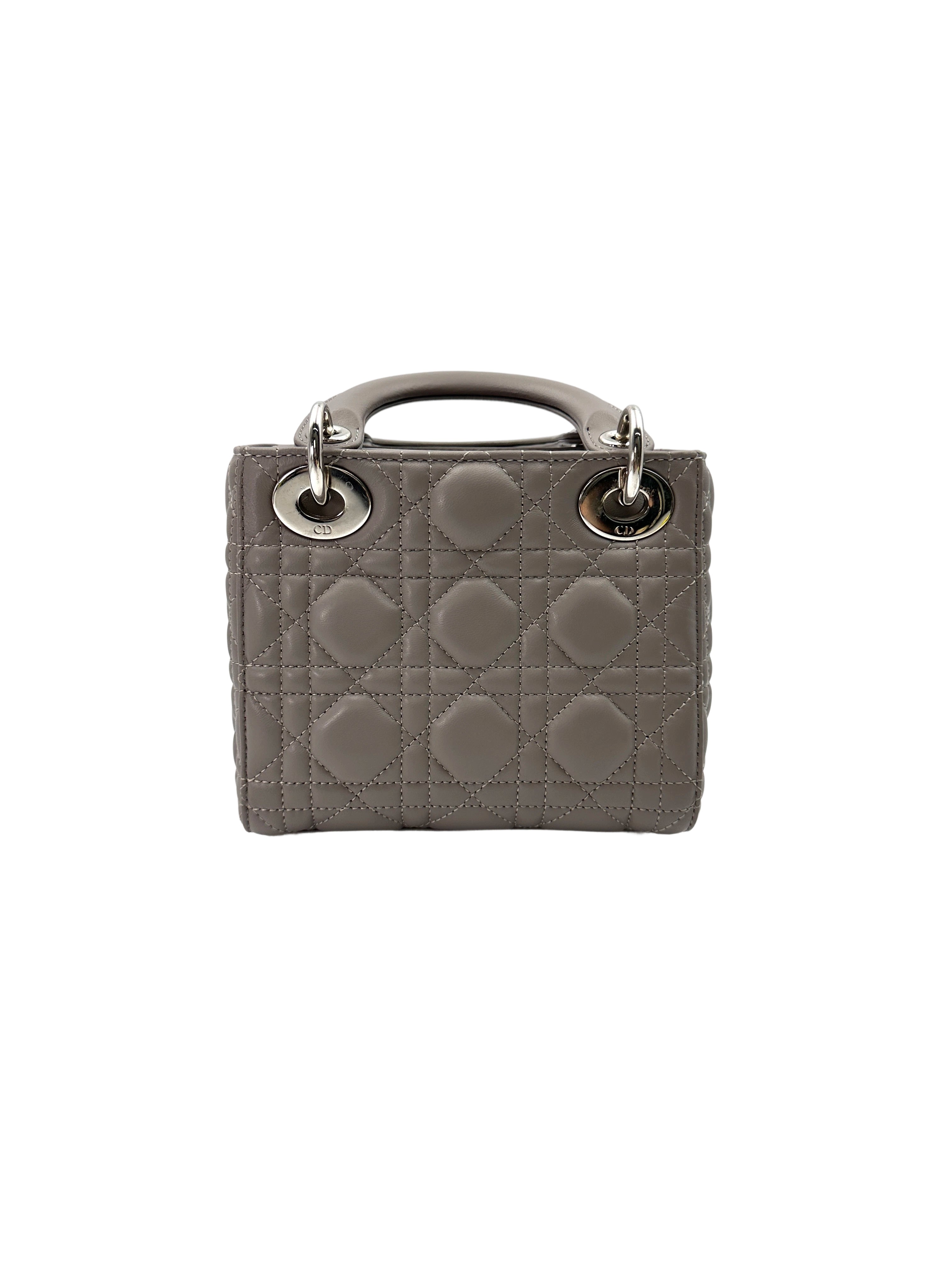 Christian Dior Lady Dior Grey Cannage Leather Handle Bag With Silver Charms DR702