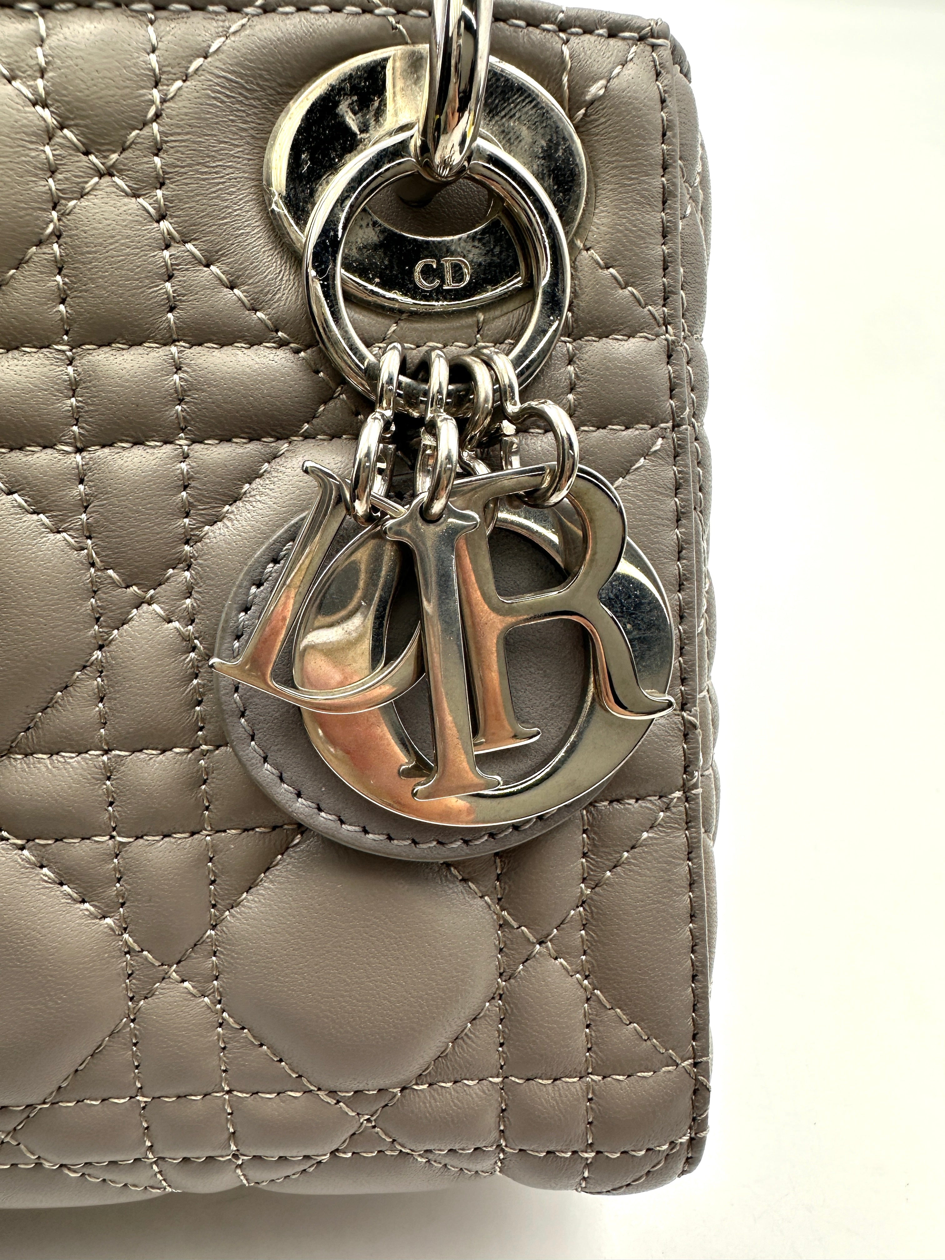 Christian Dior Lady Dior Grey Cannage Leather Handle Bag With Silver Charms DR702