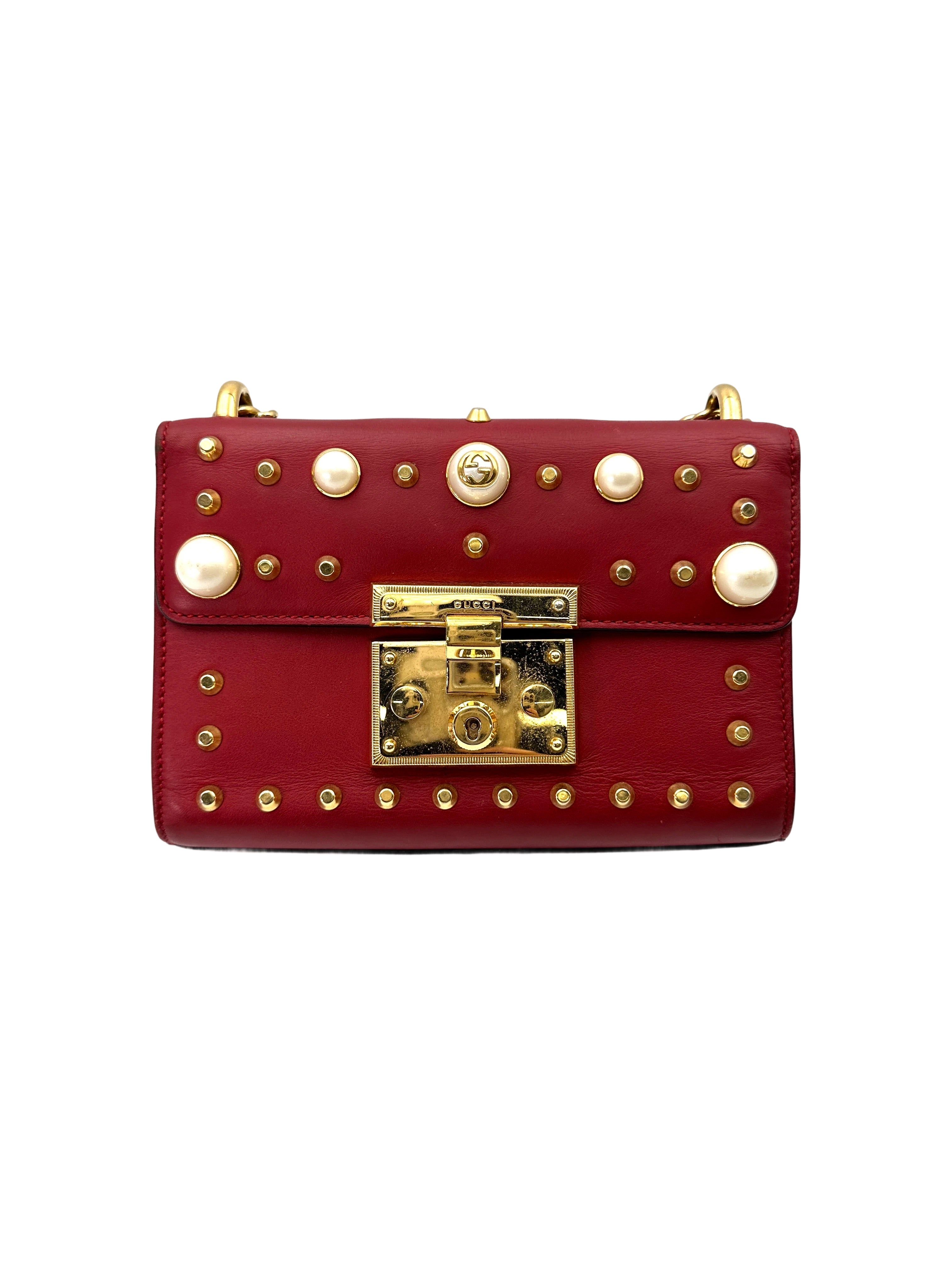 Gucci Padlock Red Pearl Studded Leather Chain Bag With Gold Hardware GG894