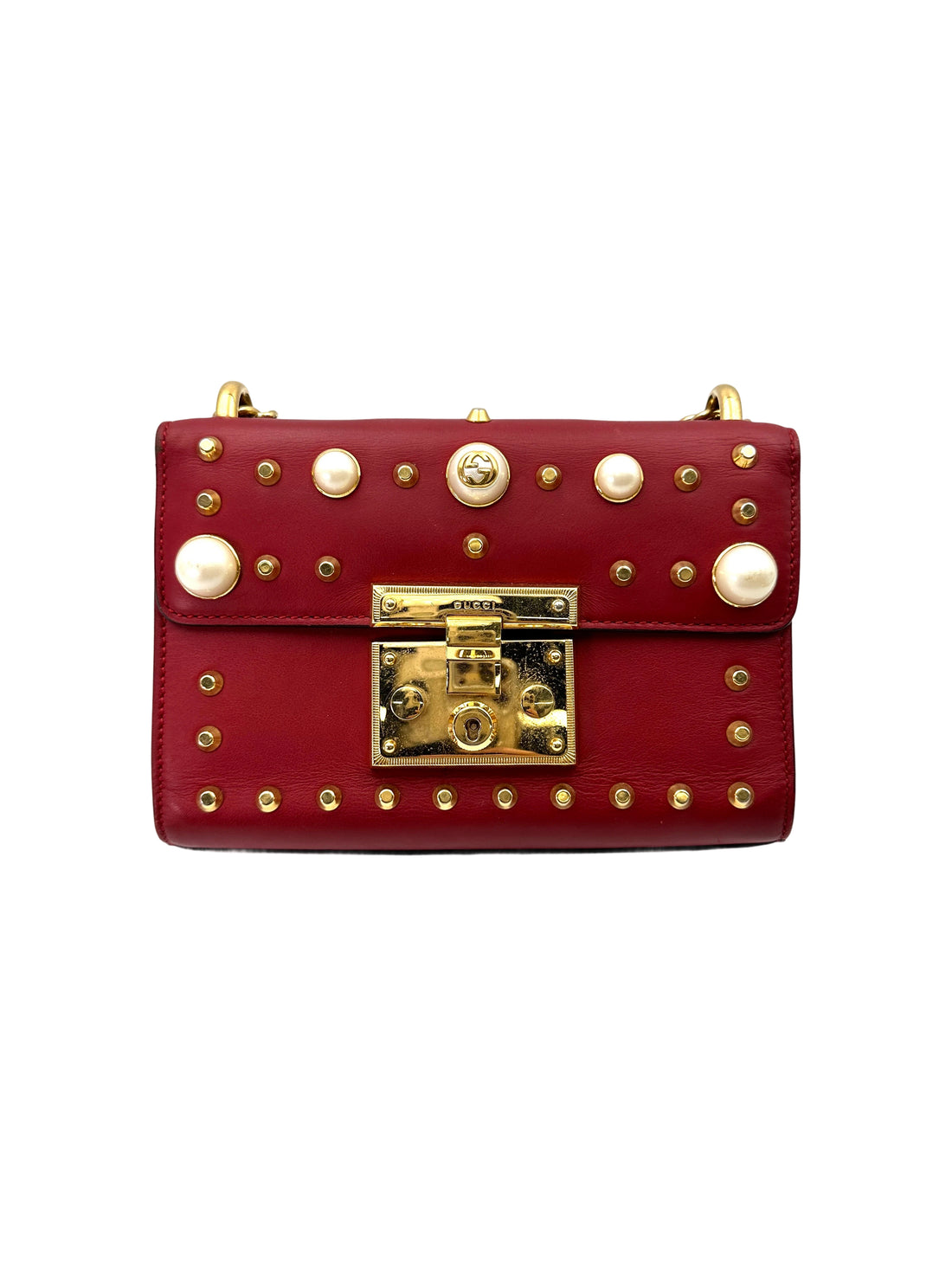 Gucci Padlock Red Pearl Studded Leather Chain Bag With Gold Hardware GG894