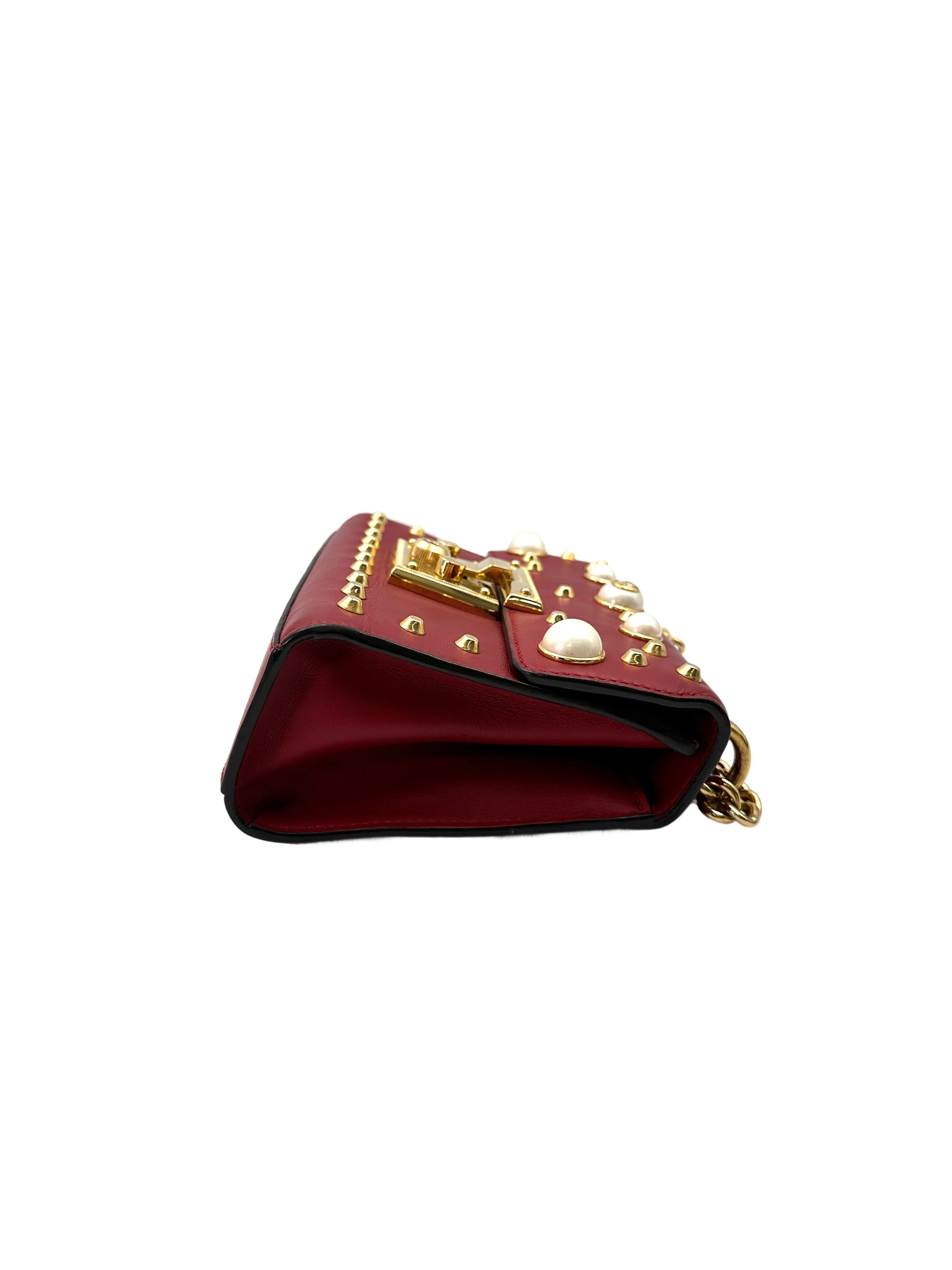 Gucci Padlock Red Pearl Studded Leather Chain Bag With Gold Hardware GG894