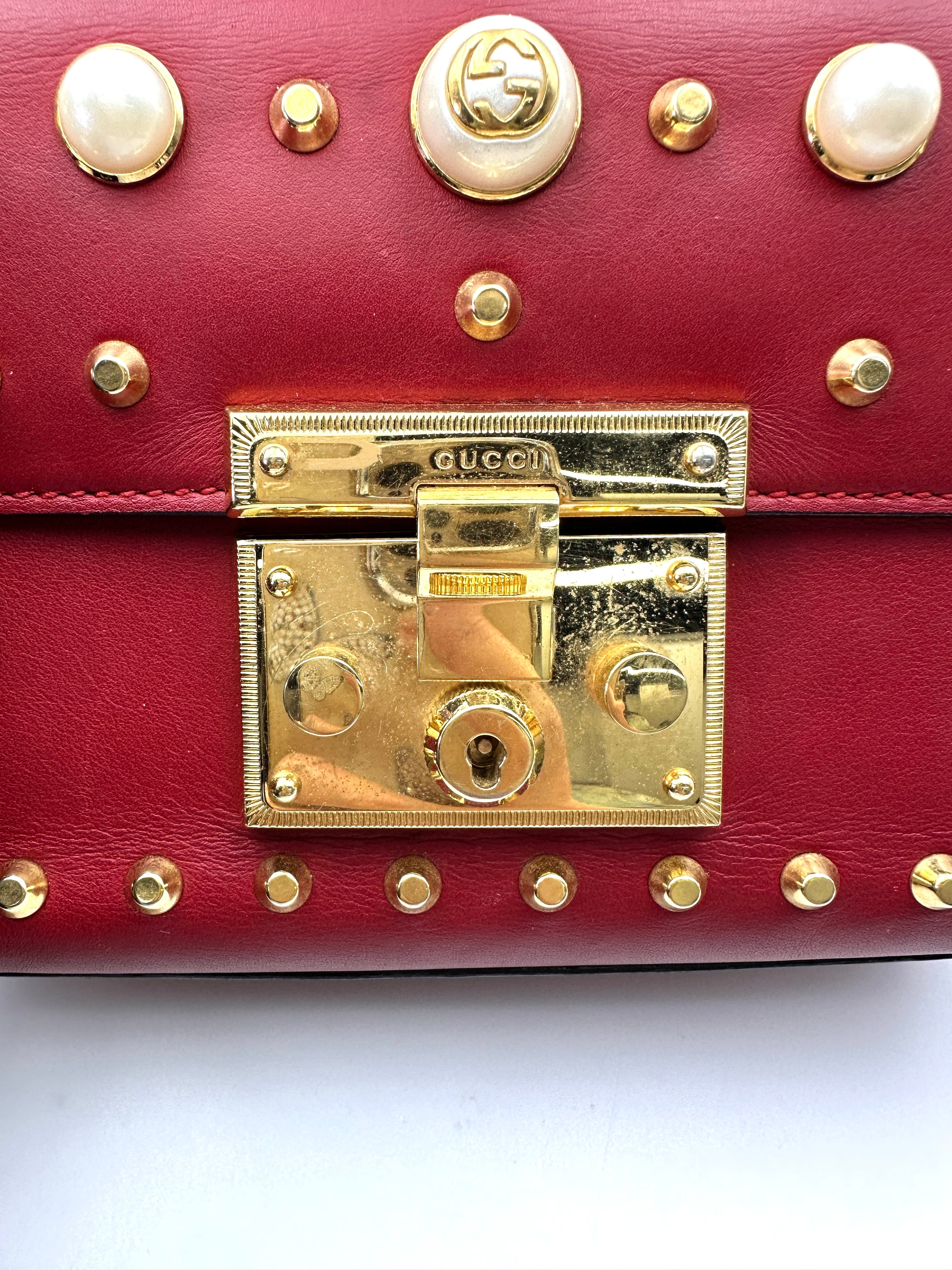 Gucci Padlock Red Pearl Studded Leather Chain Bag With Gold Hardware GG894