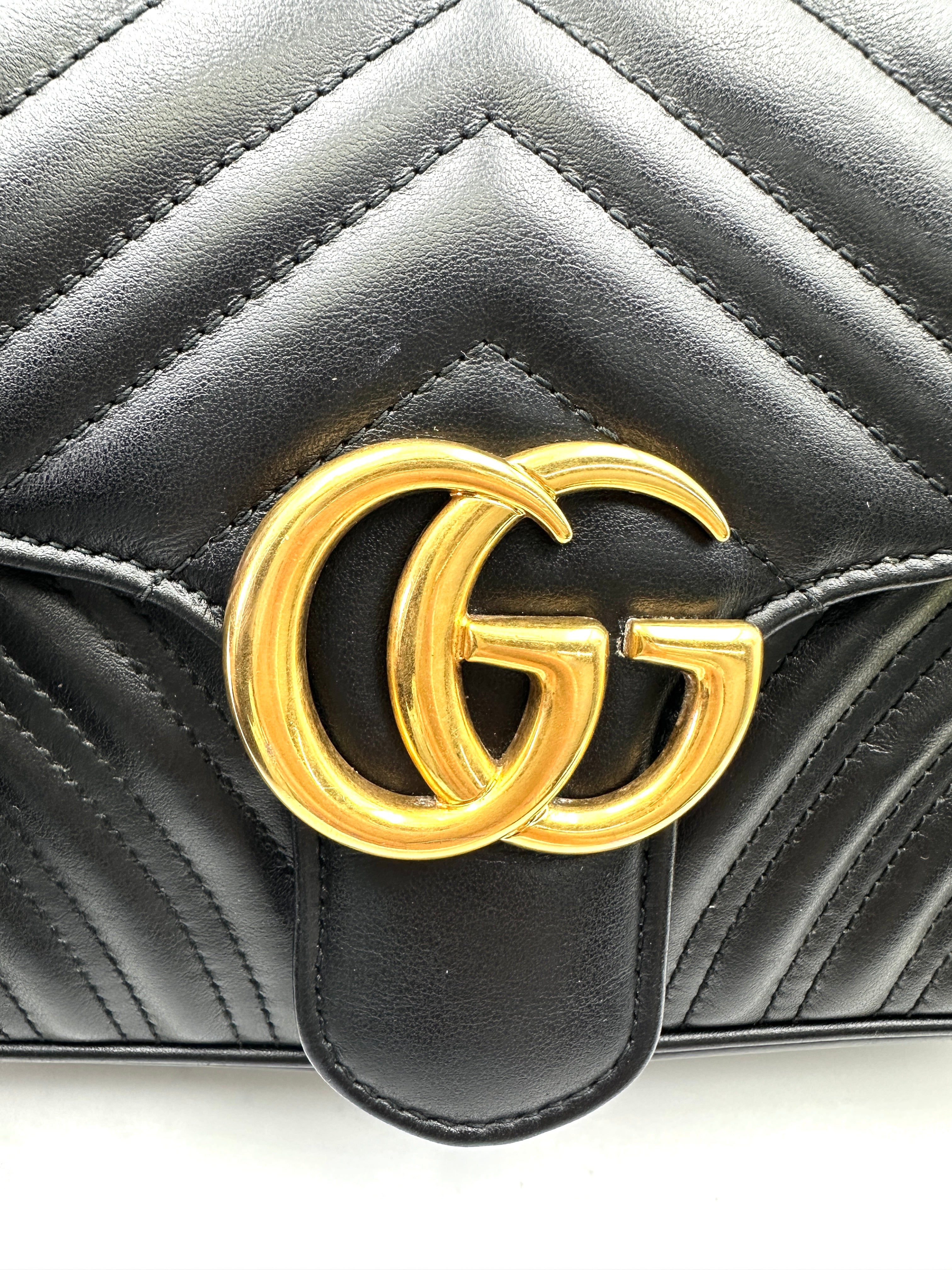 Gucci GG Marmont Black Chevron Quilted Leather Chain Shoulder Bag GG895