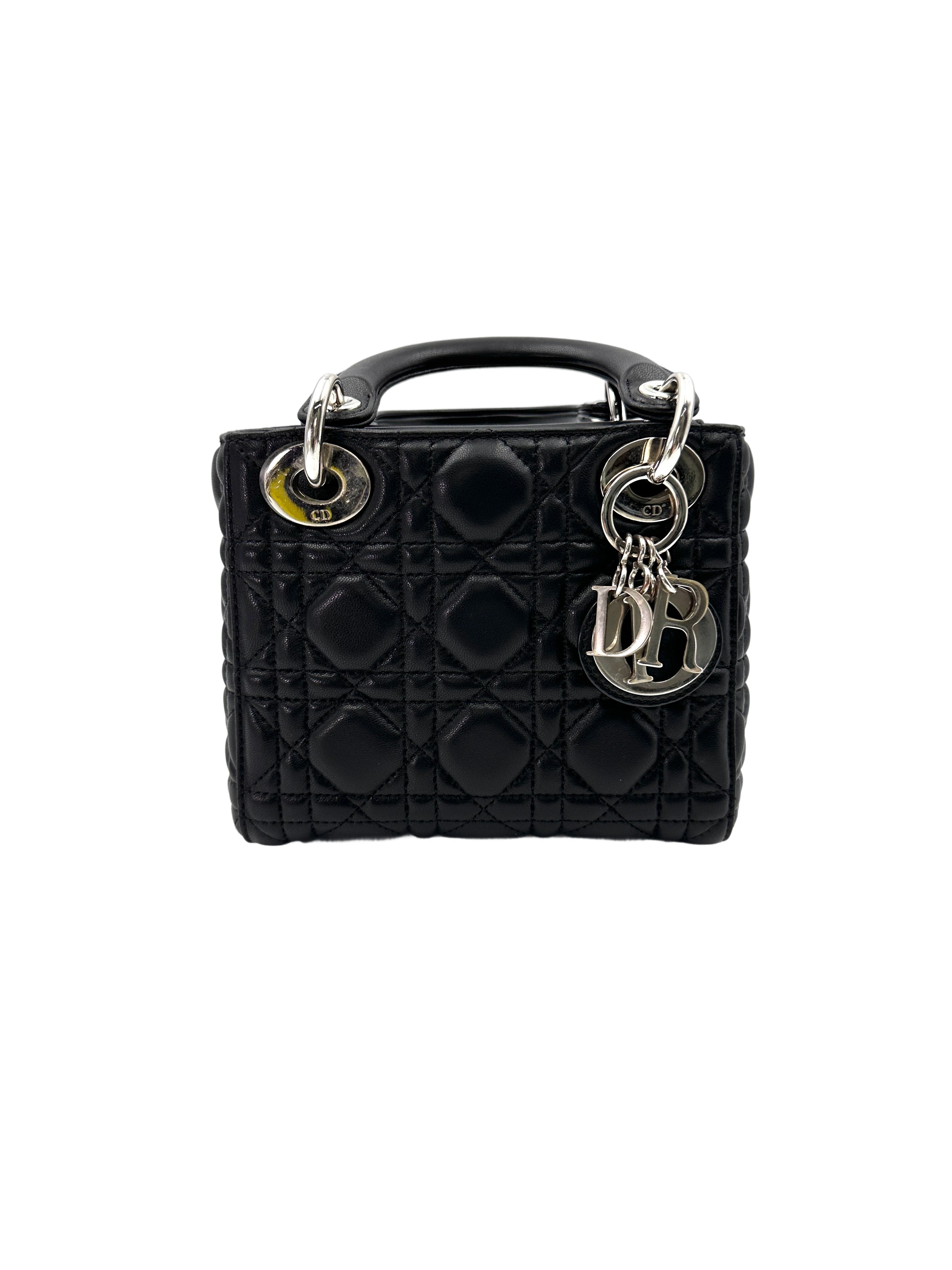 Christian Dior Lady Dior Black Cannage Leather Handle Bag With Silver Charms DR708