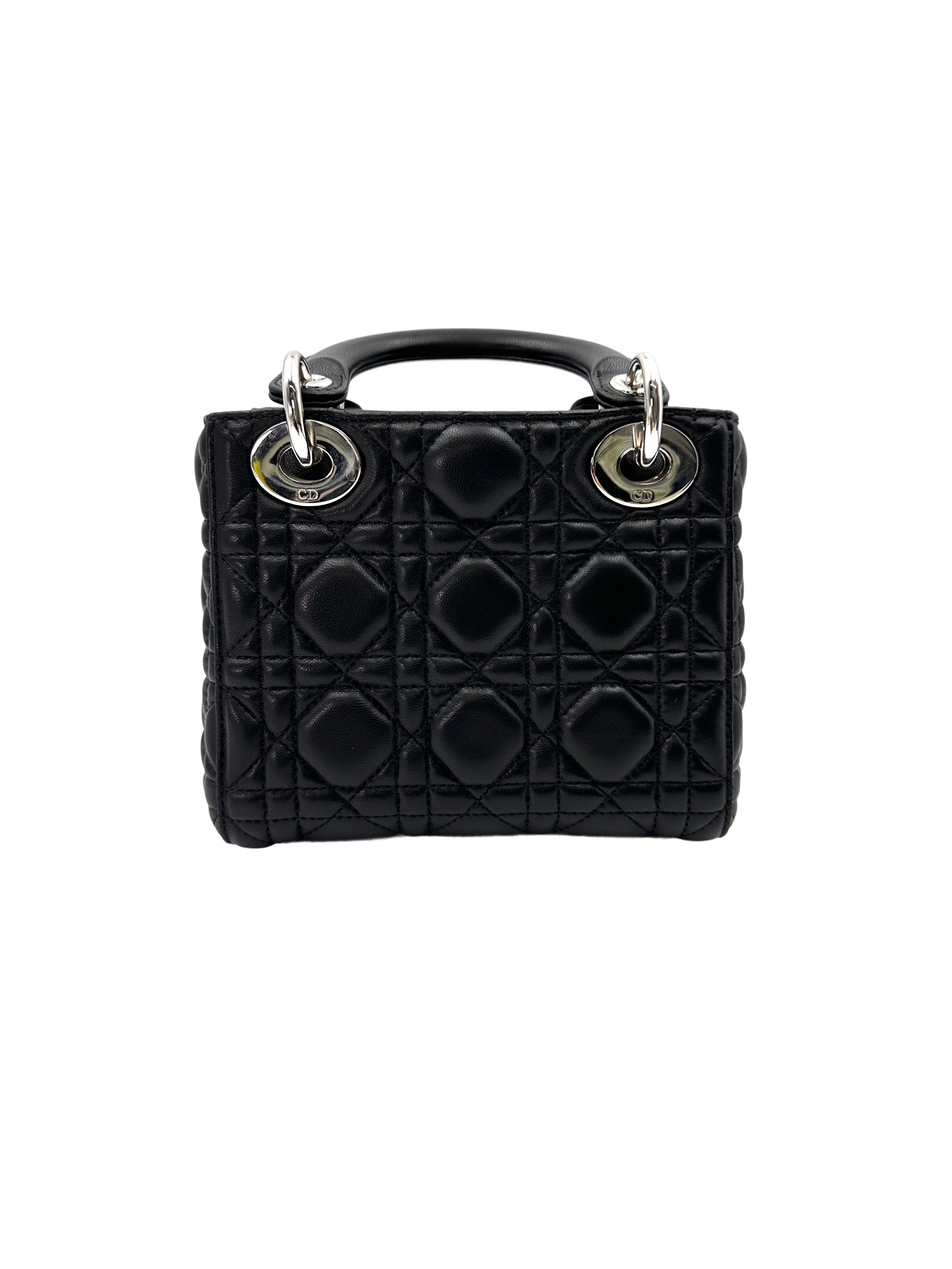 Christian Dior Lady Dior Black Cannage Leather Handle Bag With Silver Charms DR708