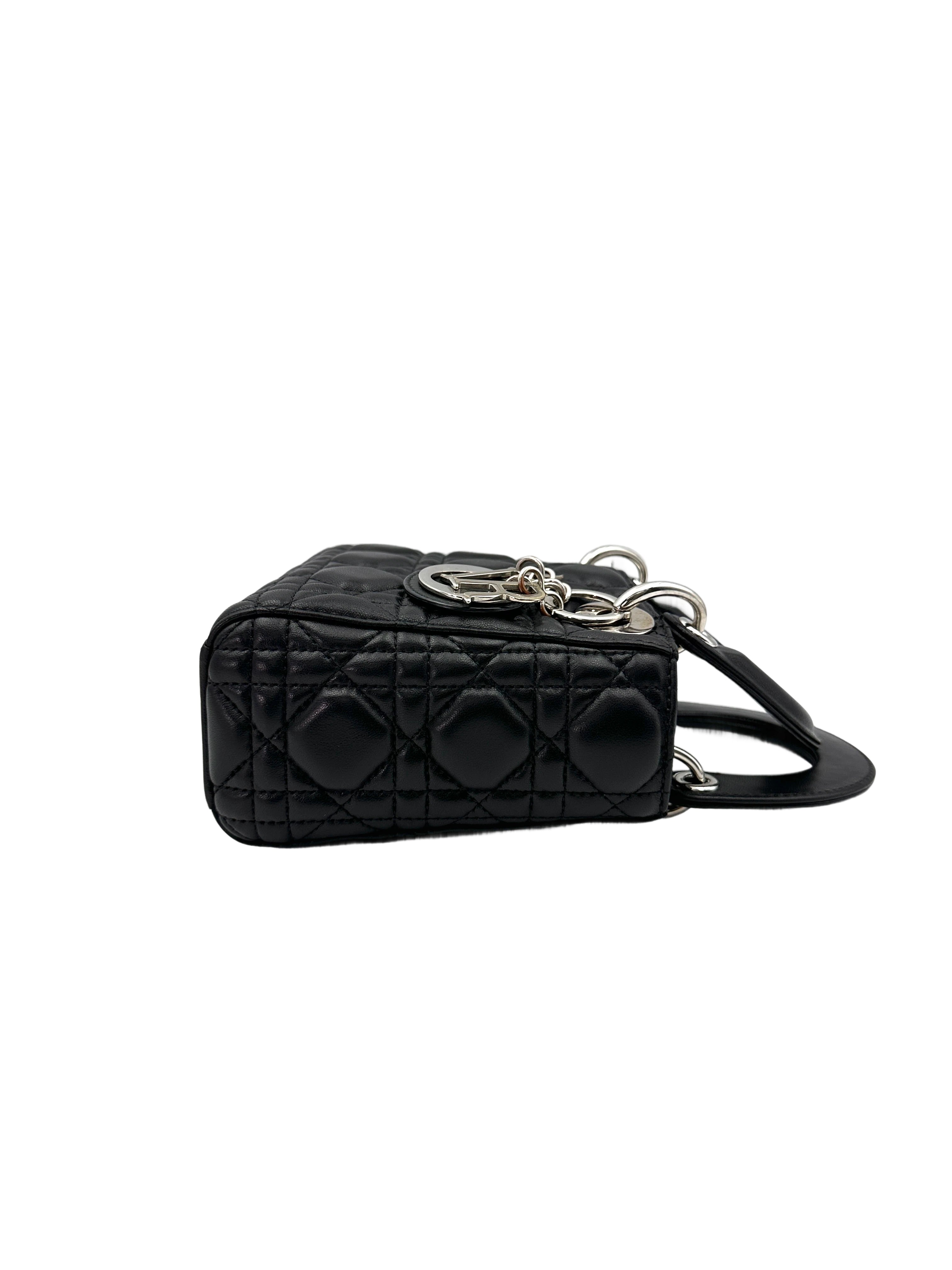Christian Dior Lady Dior Black Cannage Leather Handle Bag With Silver Charms DR708