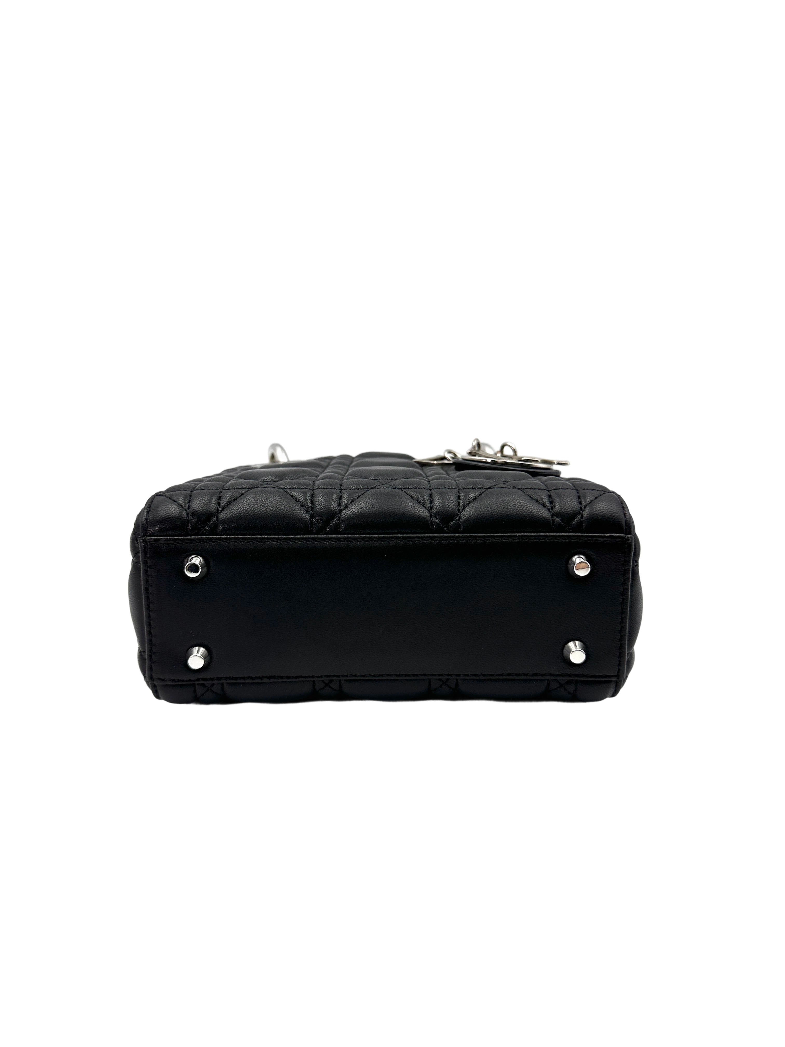 Christian Dior Lady Dior Black Cannage Leather Handle Bag With Silver Charms DR708