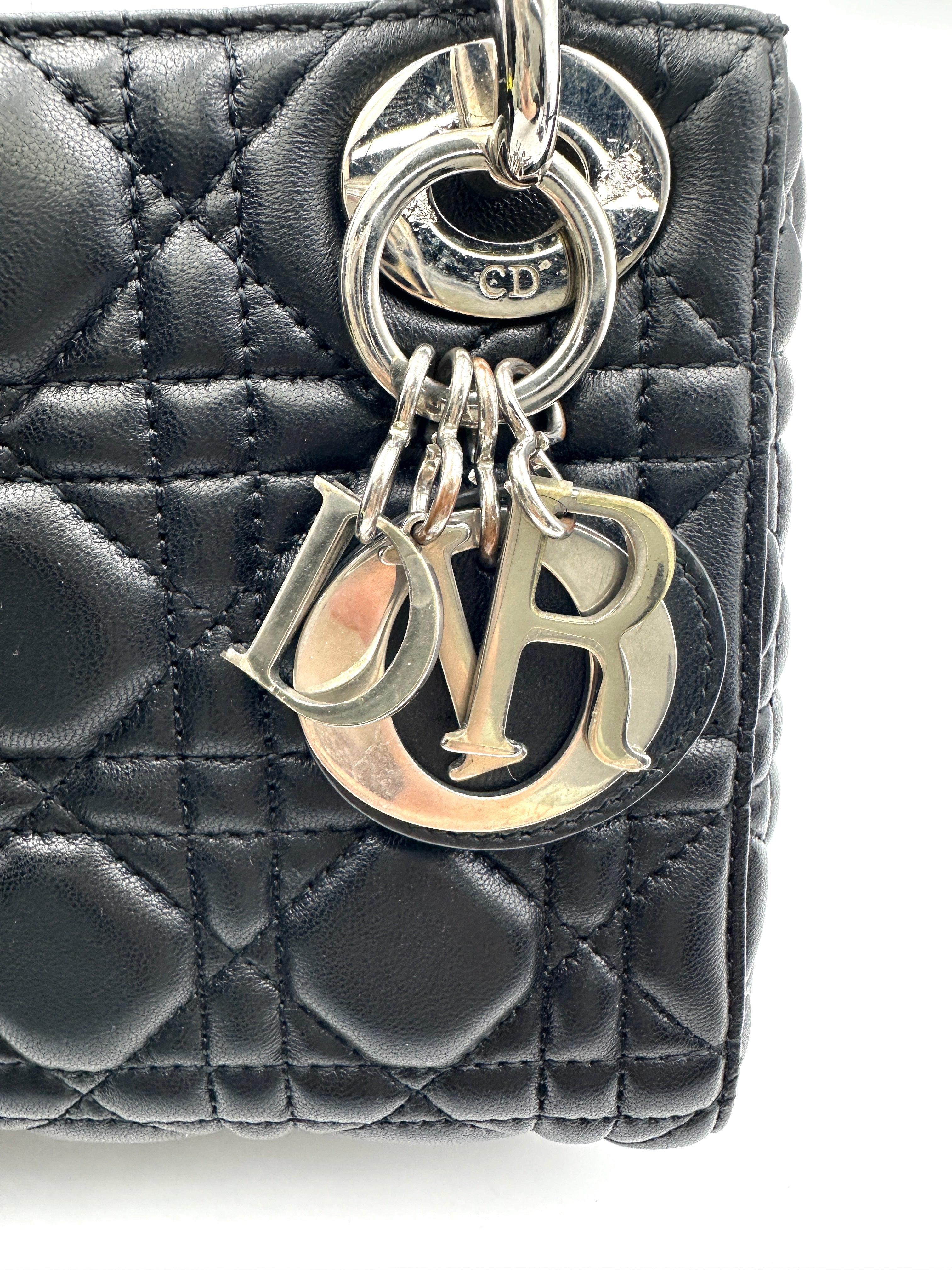 Christian Dior Lady Dior Black Cannage Leather Handle Bag With Silver Charms DR708