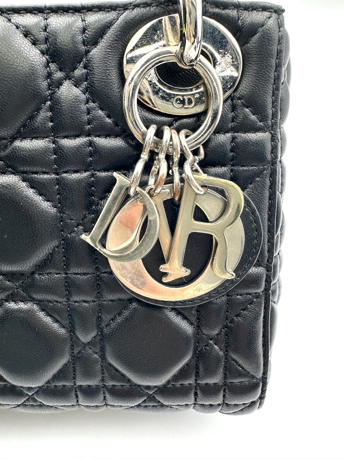 Christian Dior Lady Dior Black Cannage Leather Handle Bag With Silver Charms DR708