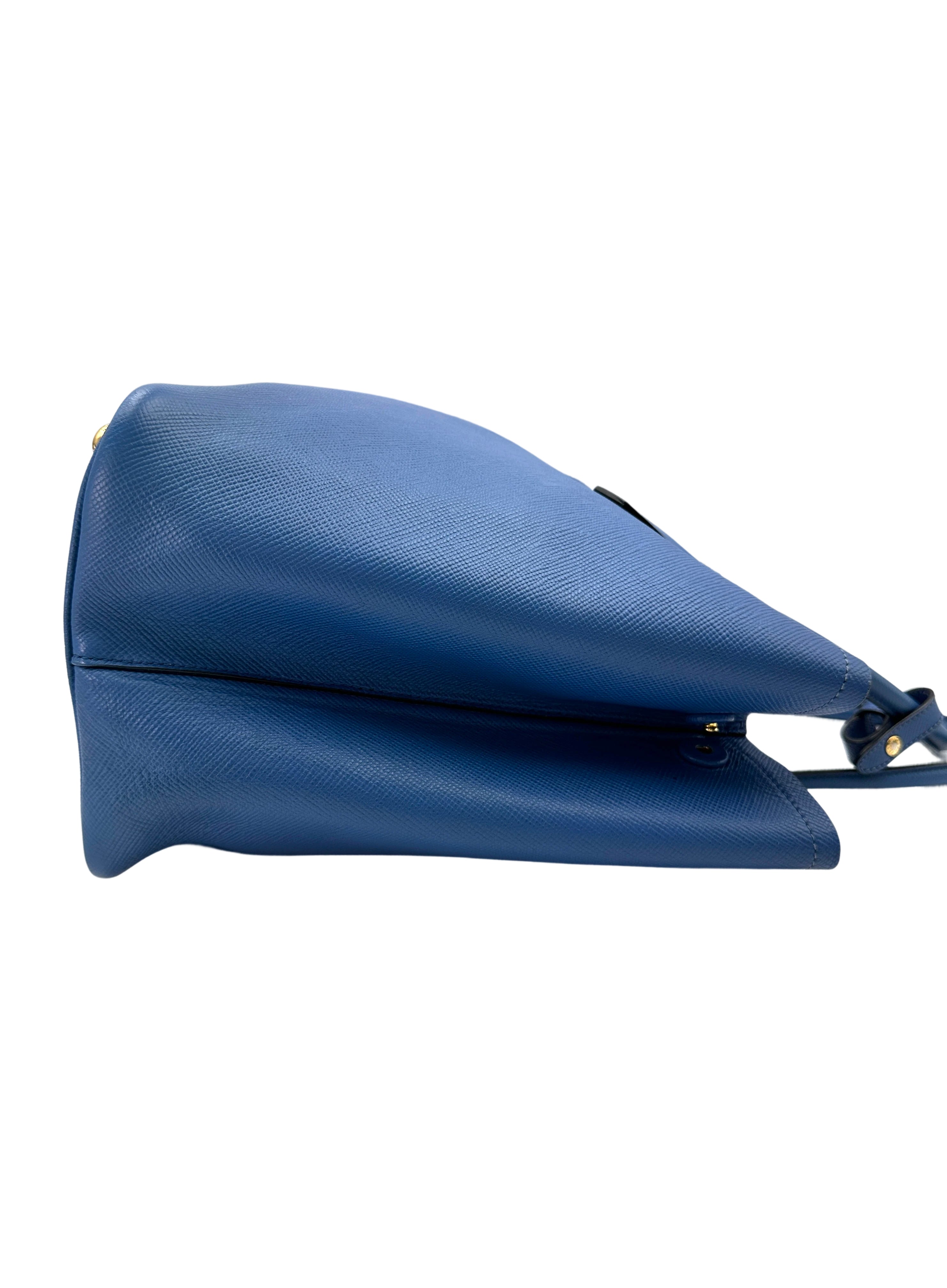 Prada Double Blue Saffiano Cuir Leather Handle Bag PR294