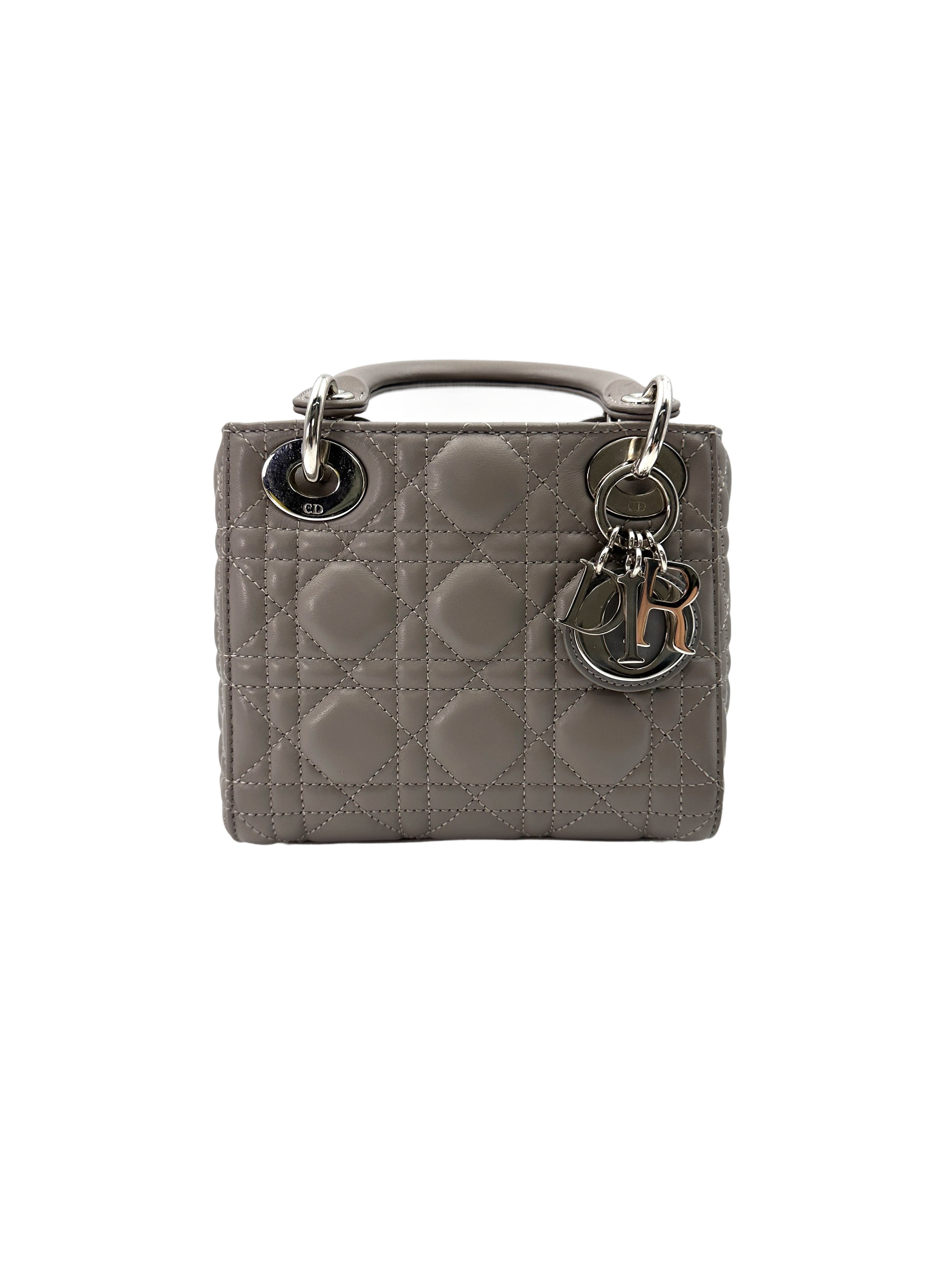 Christian Dior Lady Dior Grey Cannage Leather Handle Bag With Silver Charms DR709