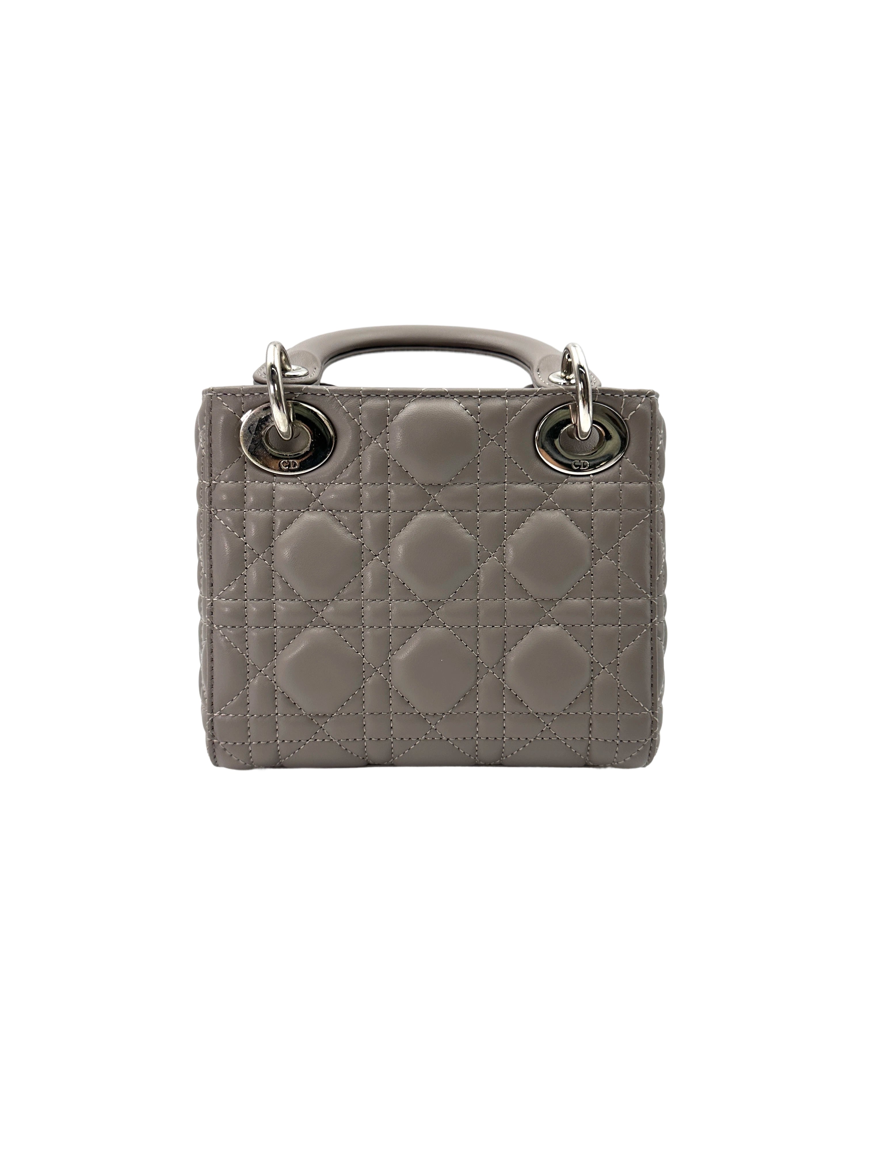 Christian Dior Lady Dior Grey Cannage Leather Handle Bag With Silver Charms DR709