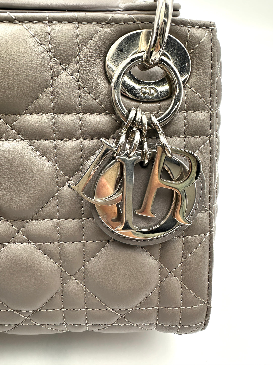 Christian Dior Lady Dior Grey Cannage Leather Handle Bag With Silver Charms DR709