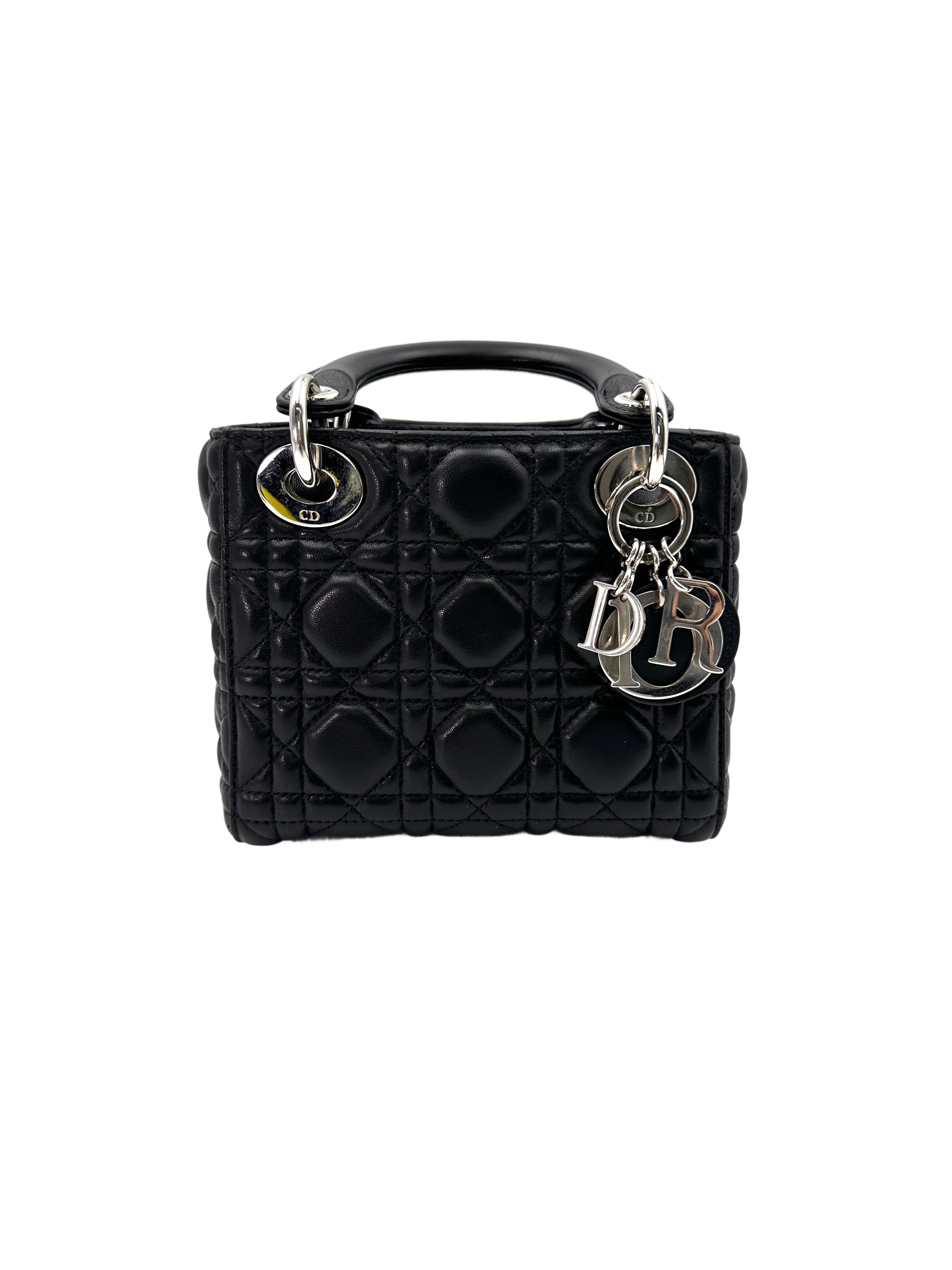Christian Dior Lady Dior Black Cannage Leather Handle Bag With Silver Charms DR710
