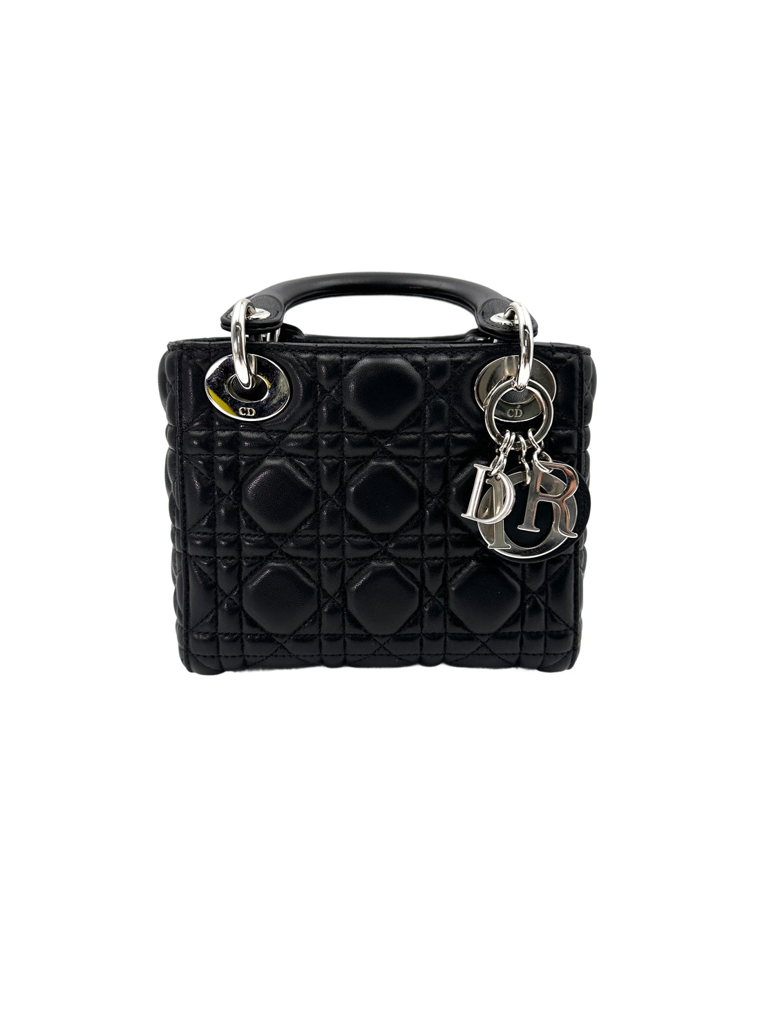 Christian Dior Lady Dior Black Cannage Leather Handle Bag With Silver Charms DR710
