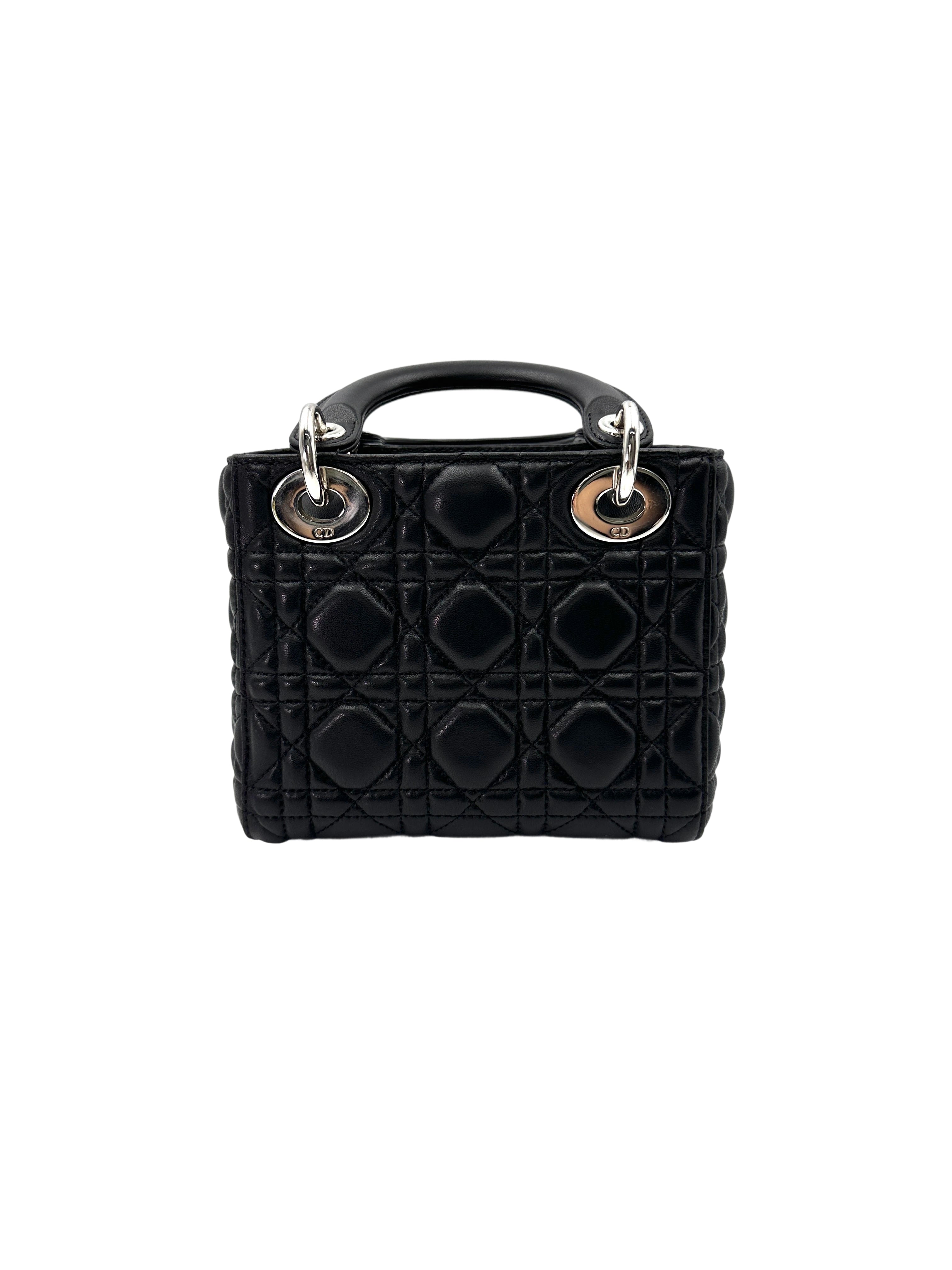 Christian Dior Lady Dior Black Cannage Leather Handle Bag With Silver Charms DR710