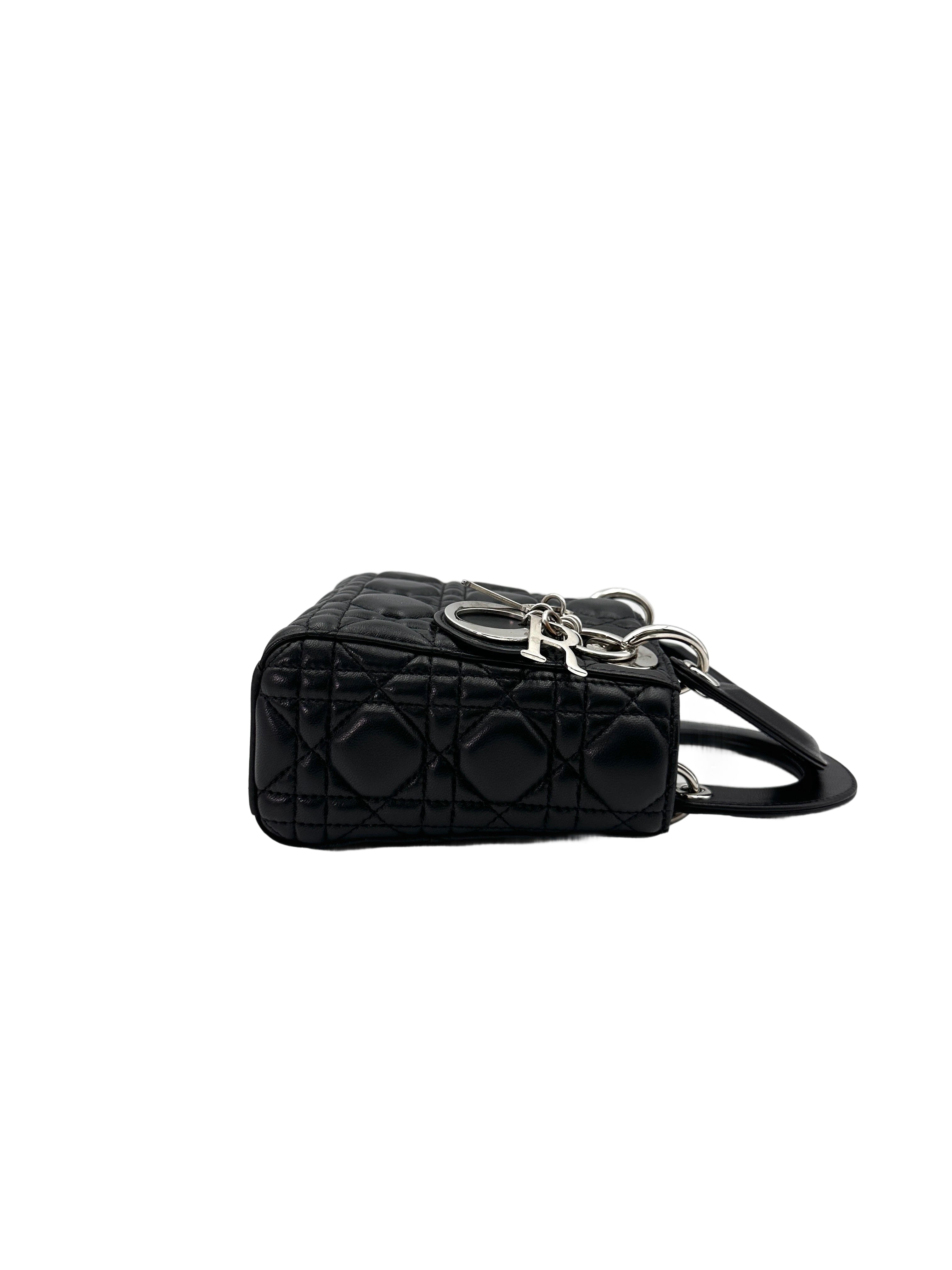 Christian Dior Lady Dior Black Cannage Leather Handle Bag With Silver Charms DR710