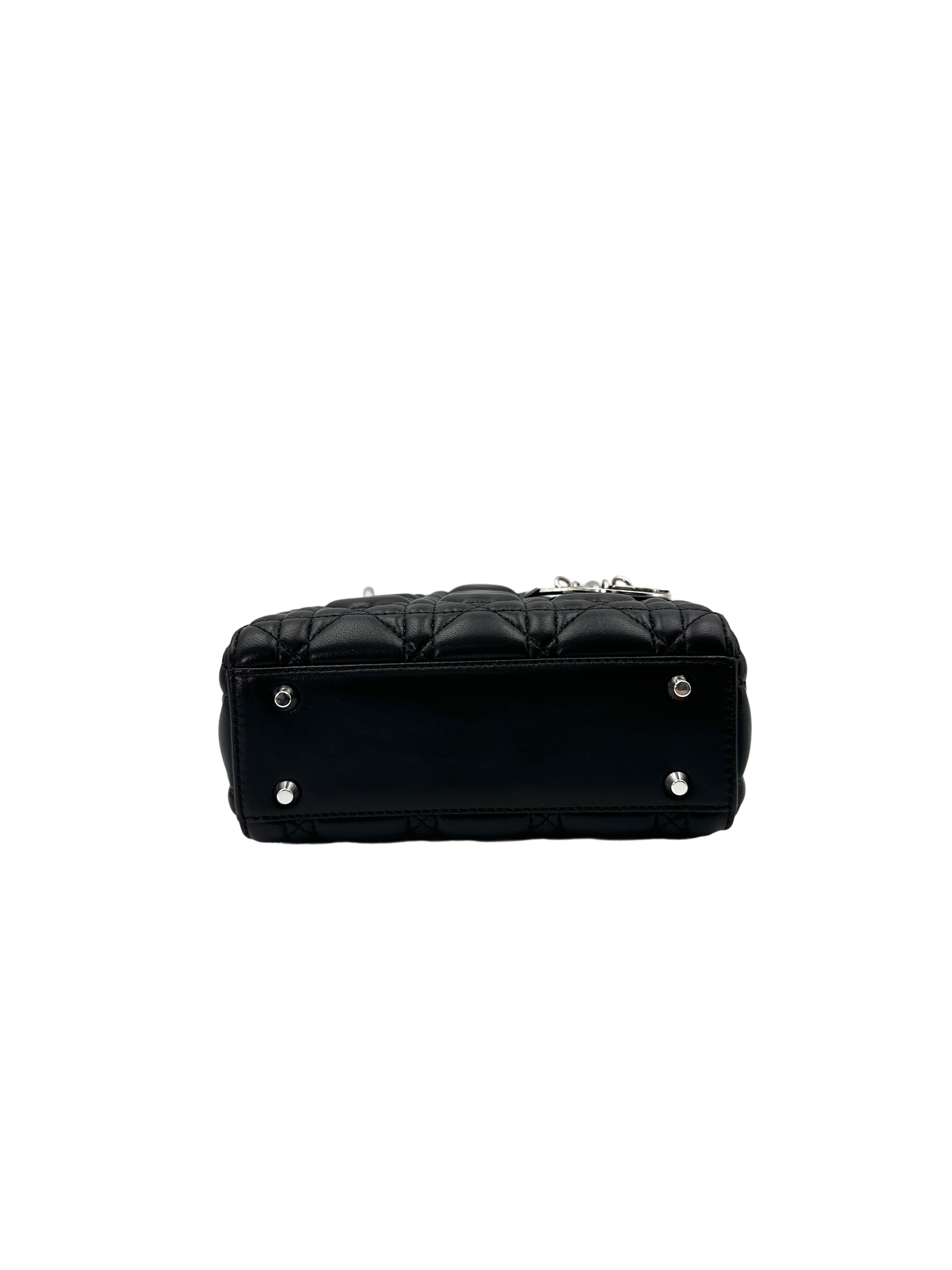 Christian Dior Lady Dior Black Cannage Leather Handle Bag With Silver Charms DR710
