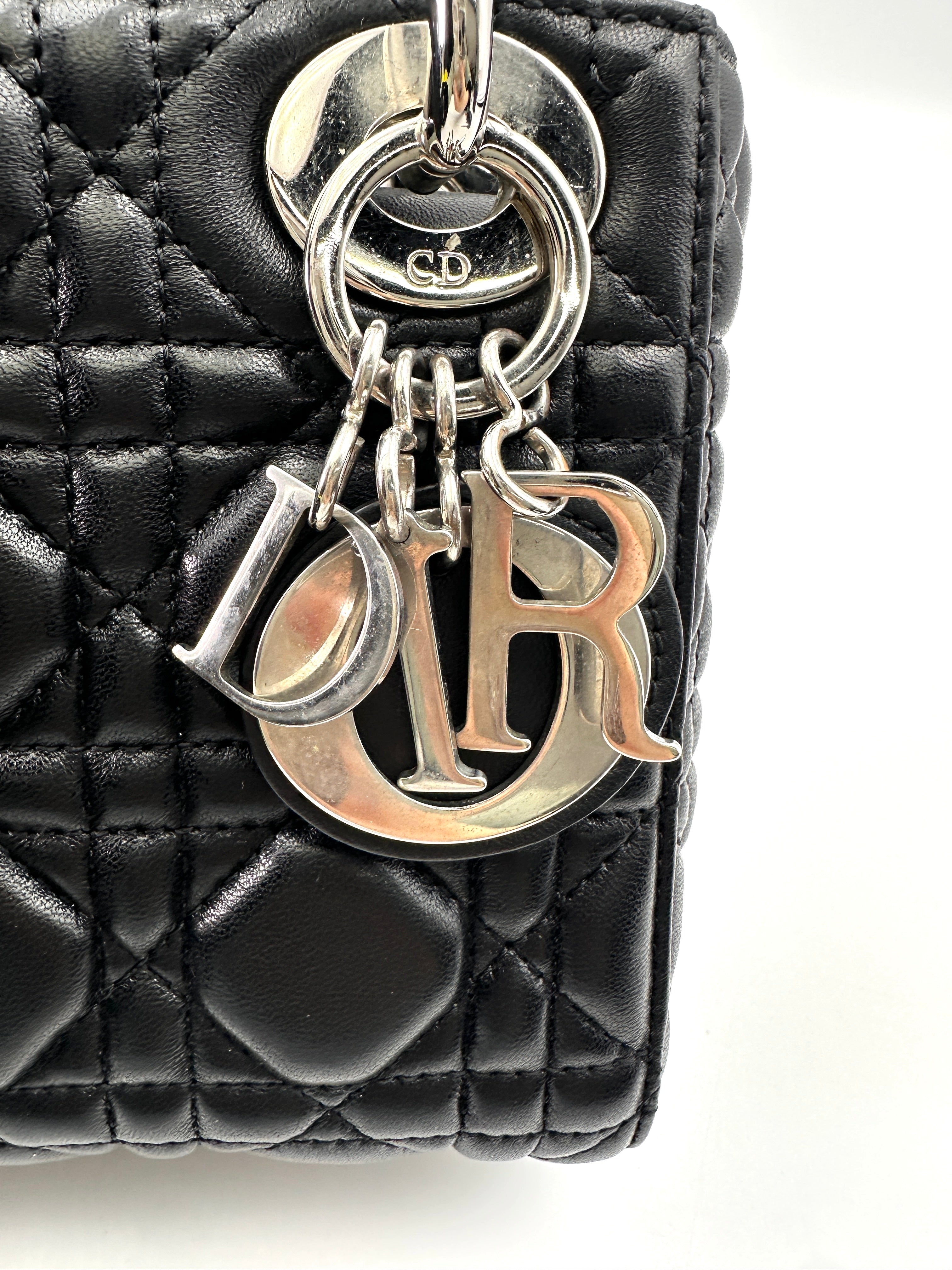 Christian Dior Lady Dior Black Cannage Leather Handle Bag With Silver Charms DR710